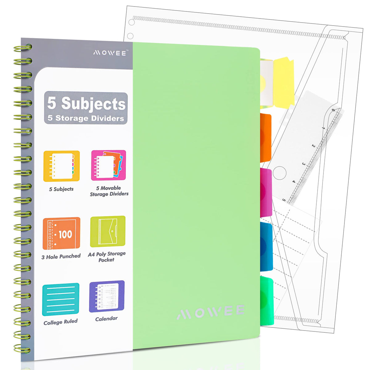 MOWEE Spiral Notebook - 5 Subject Notebook, College Ruled Notebook 3-Hole Punched With Dividers