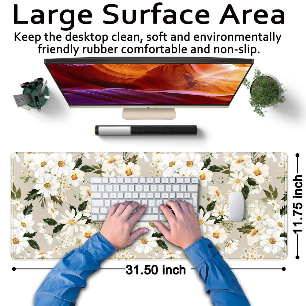 Daisy Floral Daisies Large Mouse Pad Watercolor Flowers Desk Mat, Washable Mousepad LYC Cloth
