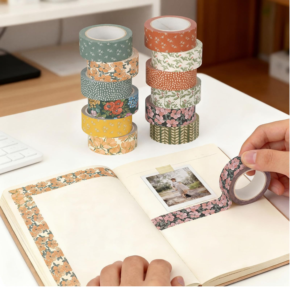 YooNotee 12 Rolls Floral Washi Tape Set,Warm Tones,Botanic
