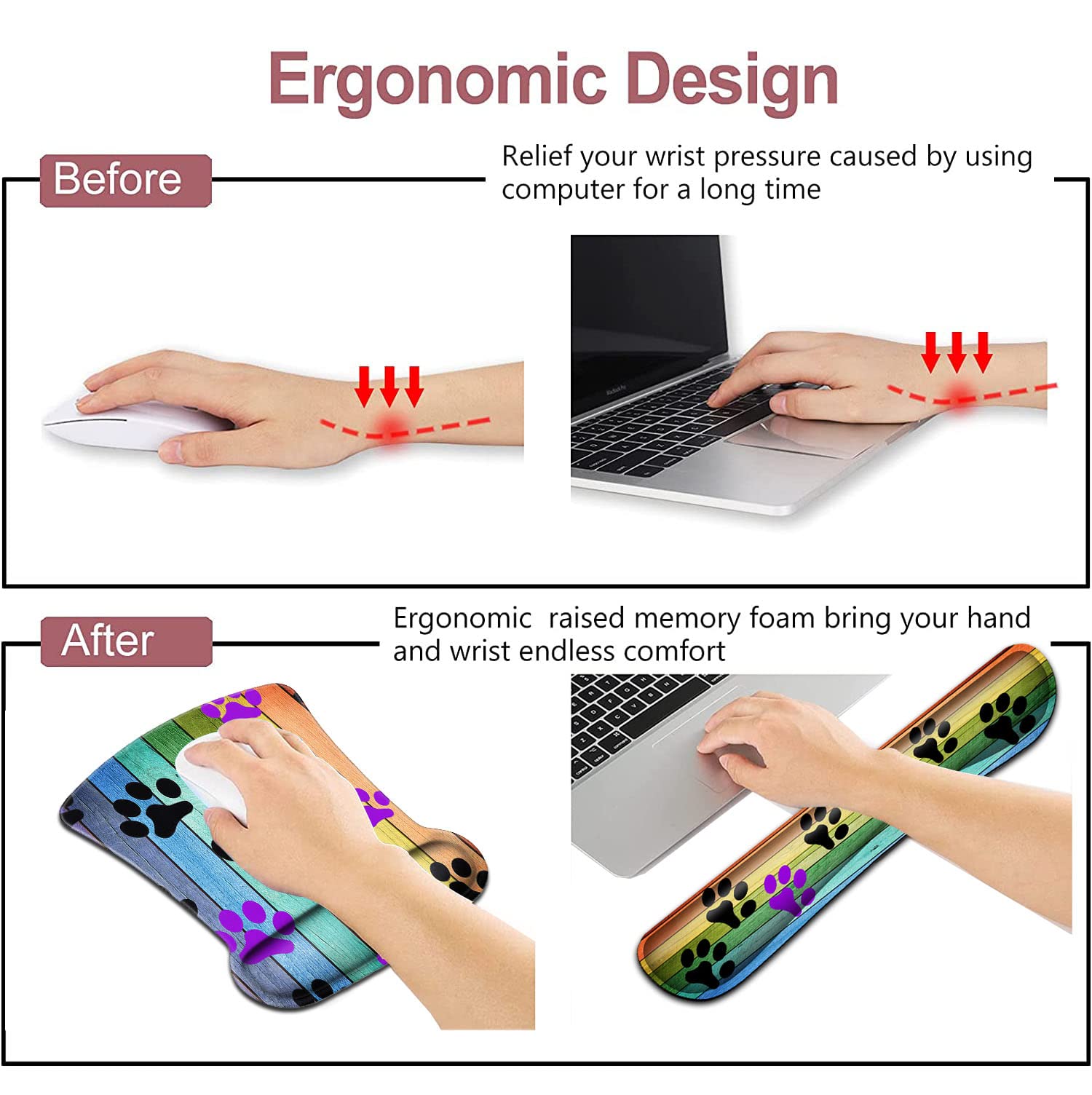 Mouse Pad with Wrist Support Memory Foam Keyboard Wrist Rest Rustic Rainbow Woodgrain Black and