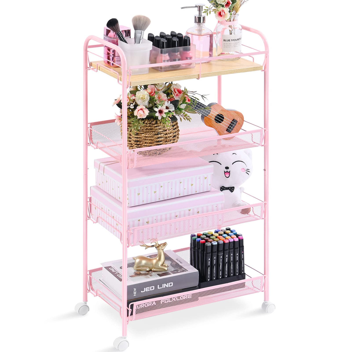 KINGRACK 4-Tier Metal Rolling Utility Cart, Pink, Flexible, Sturdy, Easy Assembly, Anti-Rust