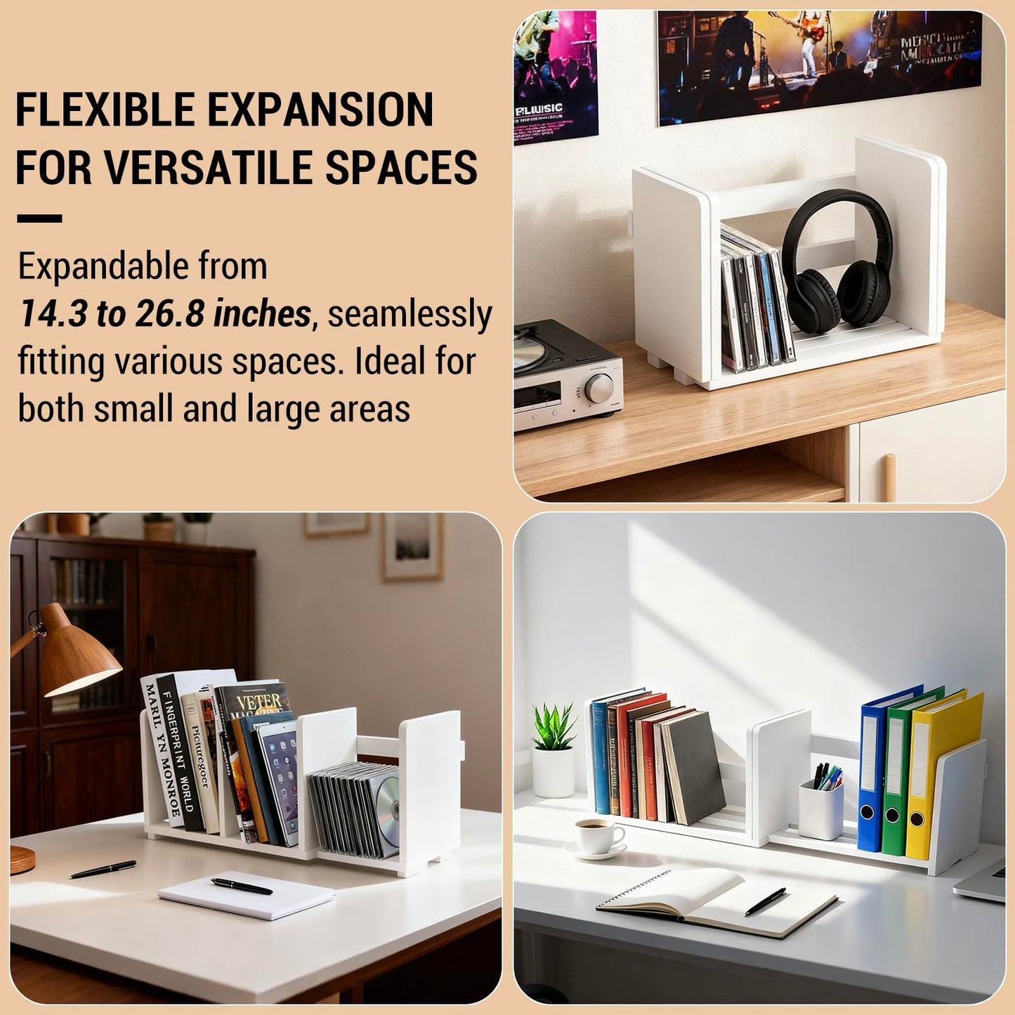 MyGift White Wood Desktop Bookshelf Organizer, Expandable Adjustable Rack