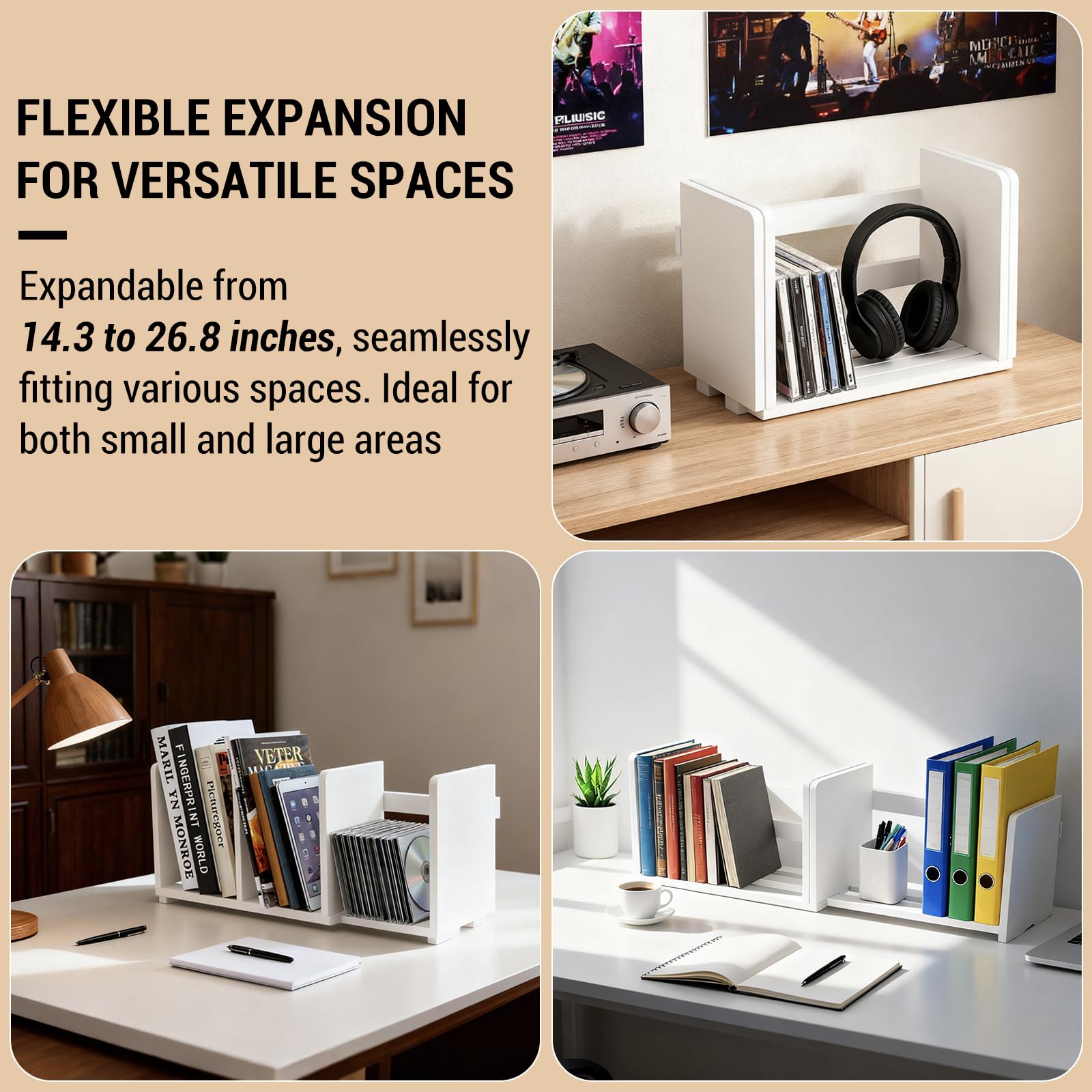 MyGift White Wood Desktop Bookshelf Organizer, Expandable Adjustable Rack