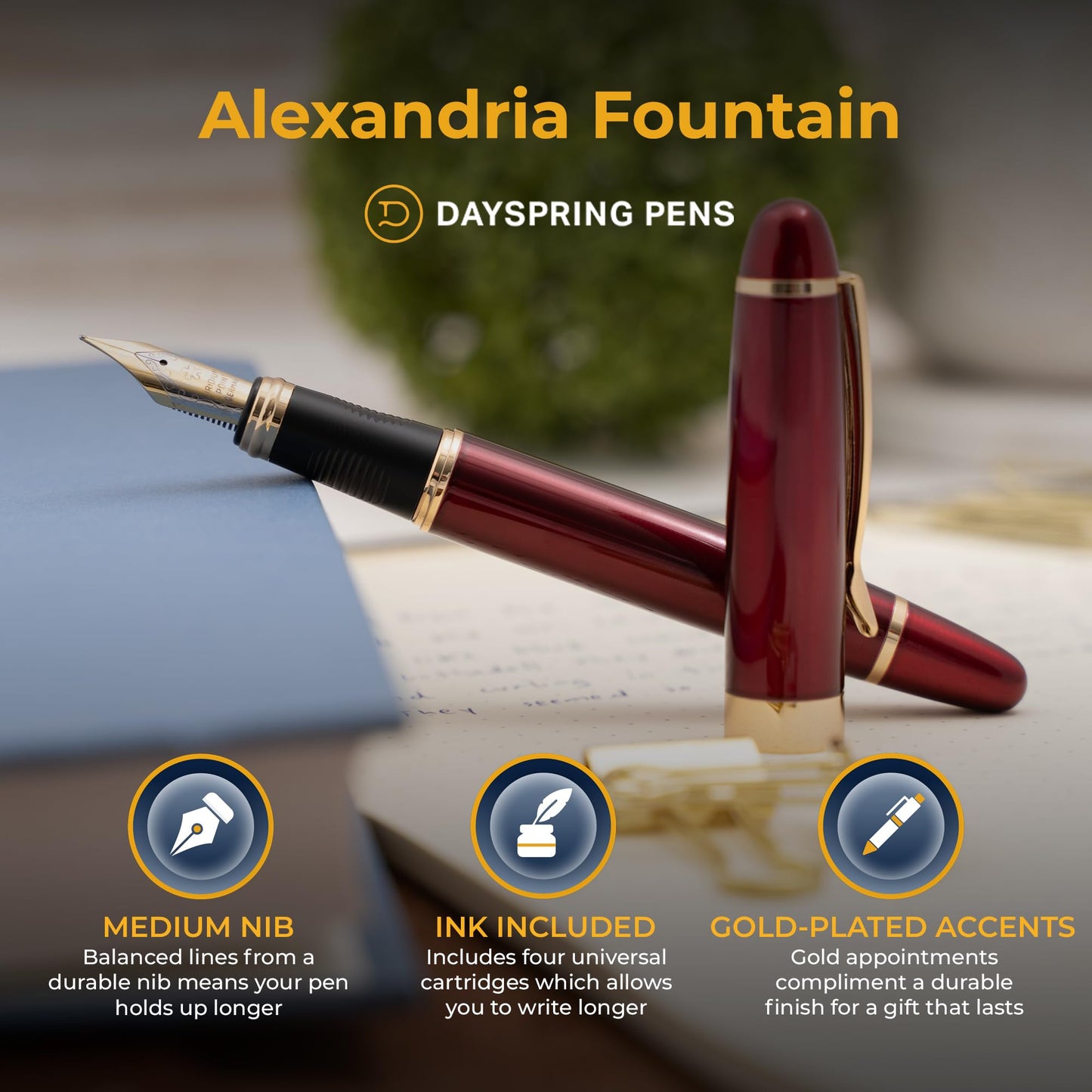 Dayspring Pens Alexandria Personalized Fountain Pen in Red with Gold Trim