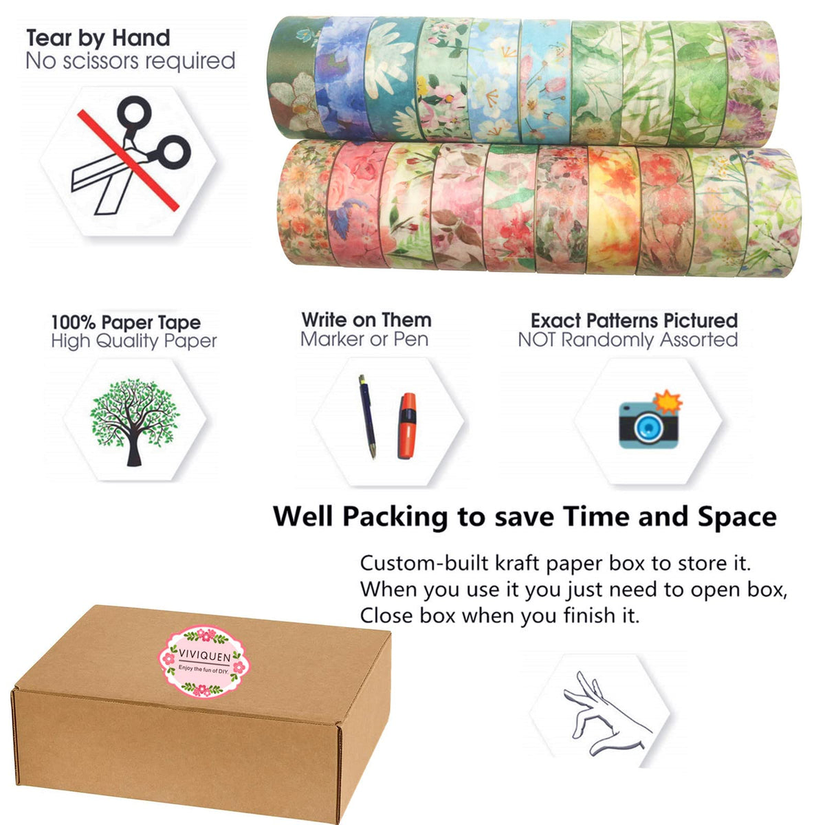 VIVIQUEN 20 Rolls Flower Washi Tape Set, 15mm Floral Washi Tape for Bullet Journal, Masking