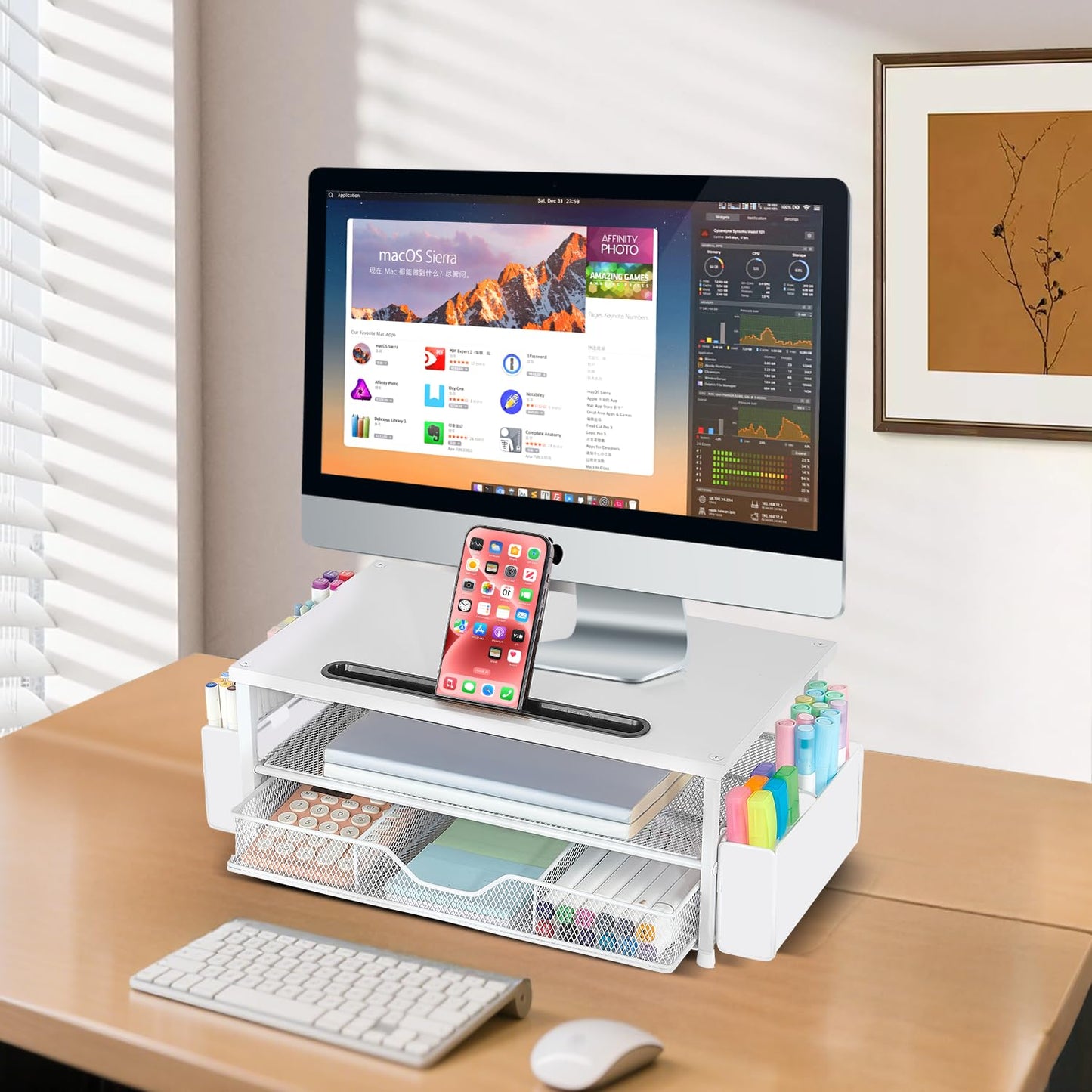 AUPSEN White Monitor Stand Riser, 2-Tier Wood Computer Desk Organizer with Drawer, Pen Storage &