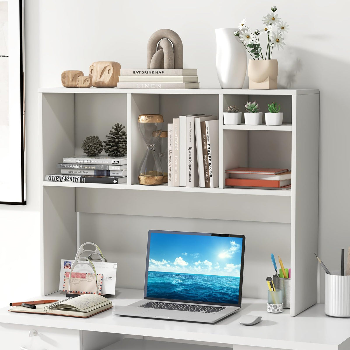 GIANTEX Desktop Bookshelf, Countertop Storage Hutch with 4 Shelves for Computer Desk, Dressing