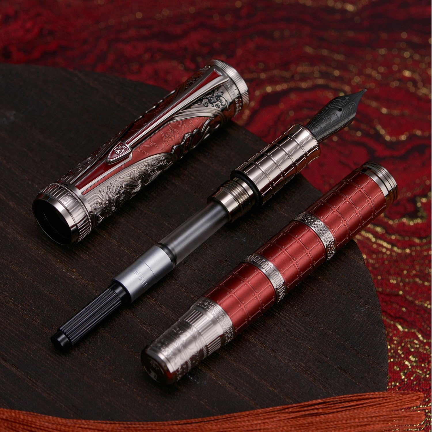 Hongdian D5X Fountain Pen Fine Nib Red Color, Qin Dynasty Retro Chinese Totem Engraving Smooth
