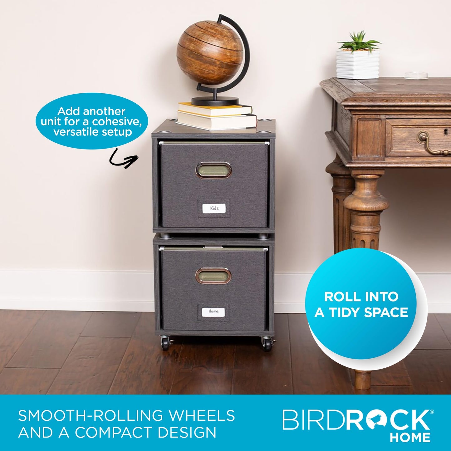 BIRDROCK HOME Rolling File Cabinet – Decorative Storage Shelf w/Removable Bins, Handles, and Wheels