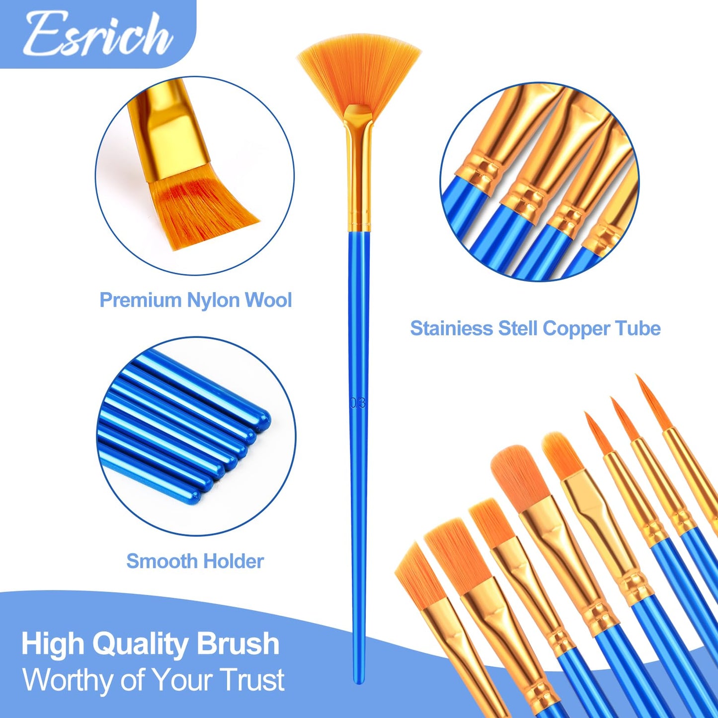 ESRICH Paint Brushes Set, 10Pack 120pcs Nylon Hair Round-Pointed Tip
