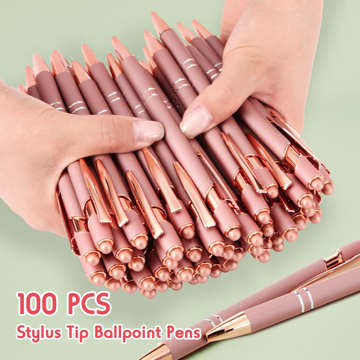 Yeaqee 100 Pieces Ballpoint Pen Bulk with Stylus Tip Click, Rose Gold