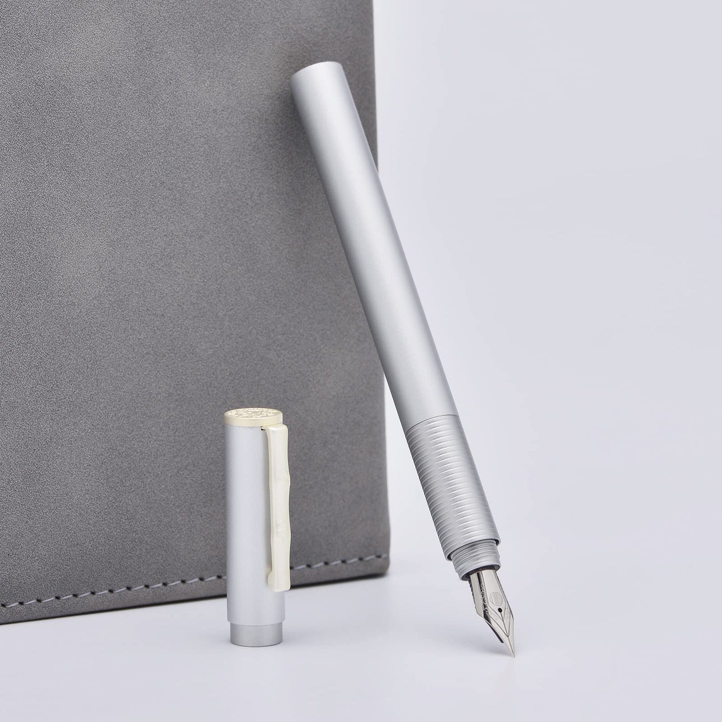 Hongdian H3 Fountain Pen Fine Nib with Bamboo Pen Clip, Silver Aluminum Alloy Writing Pen