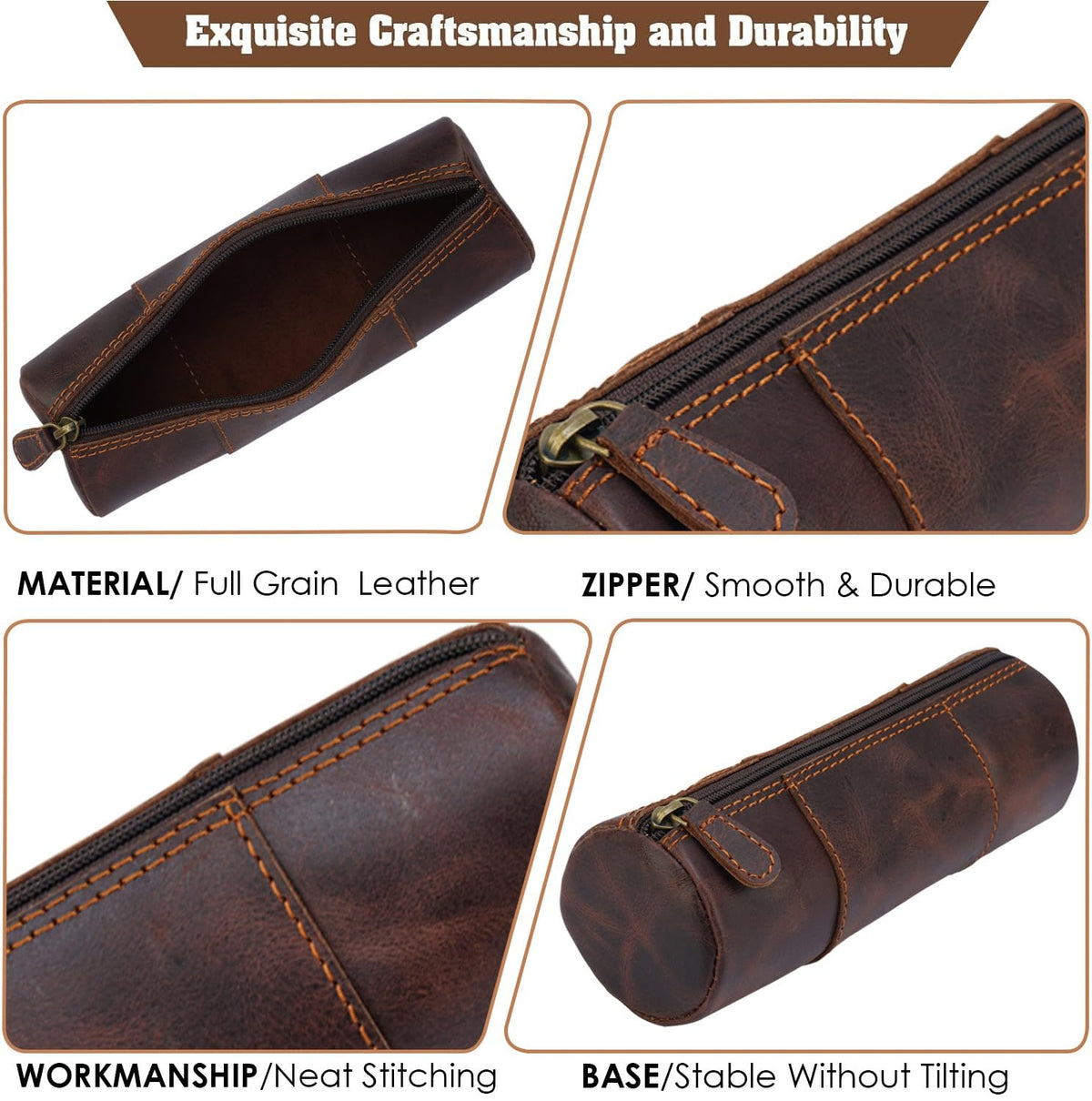 TheAntiq Brown Leather Pencil Case, Make-up Pouch, Leather Zipper Pouch