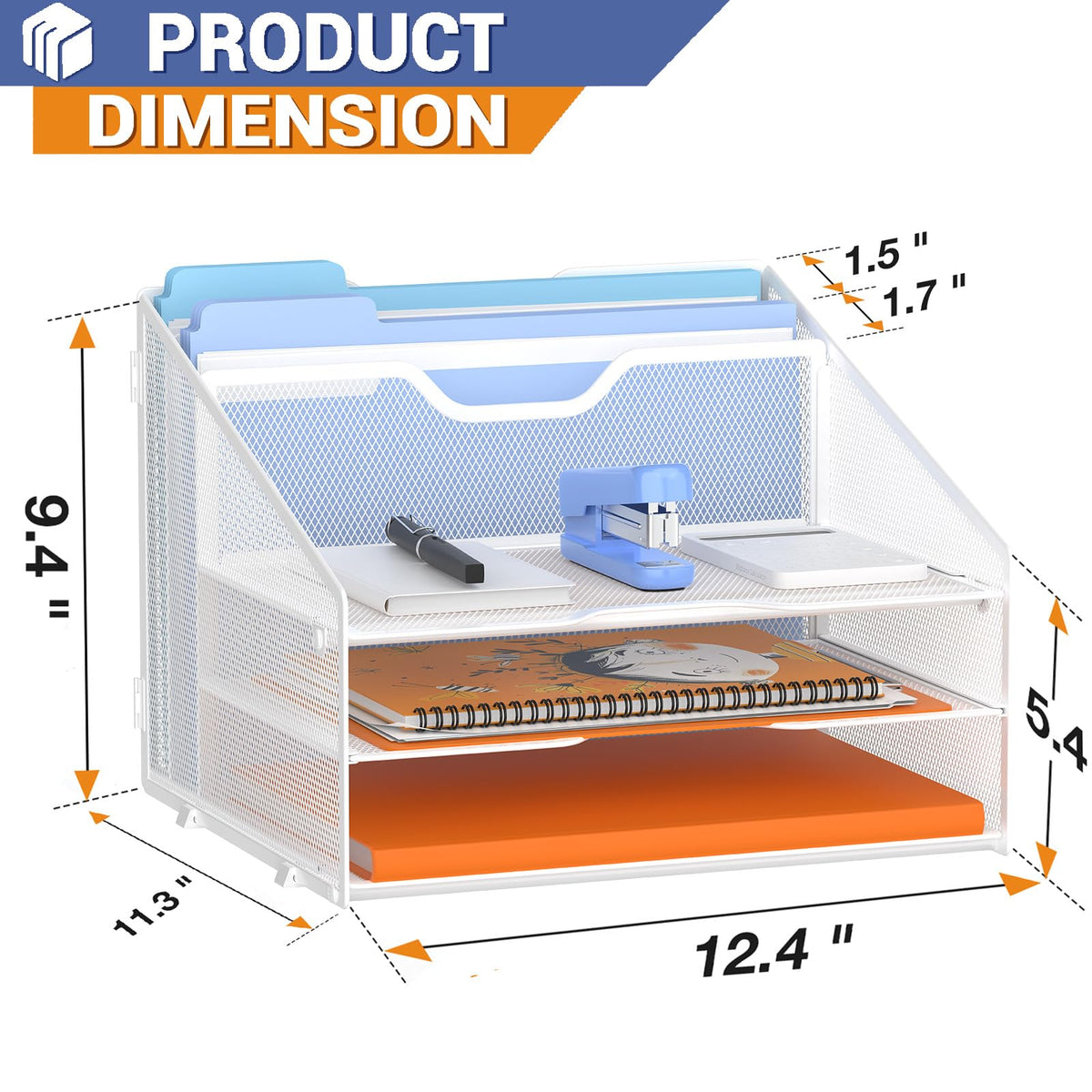 GAWERK Letter Tray Organizer, Mesh Desk File Organizer with 3 Paper Trays and 2 Vertical Upright
