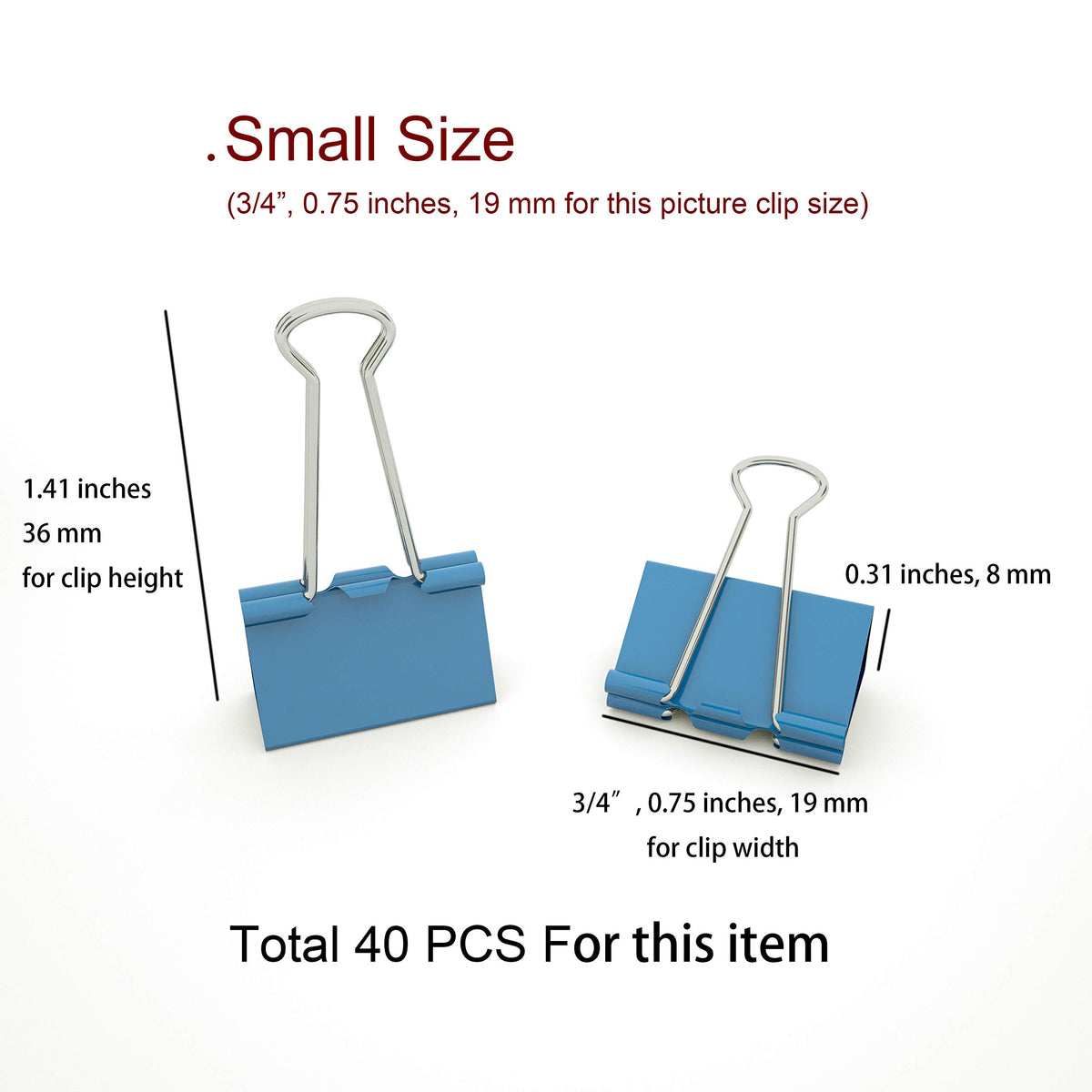 Nctinystore Binder Clips Small Metal Clamp 0.75 inch / 19 mm (Blue, 40-PCS)