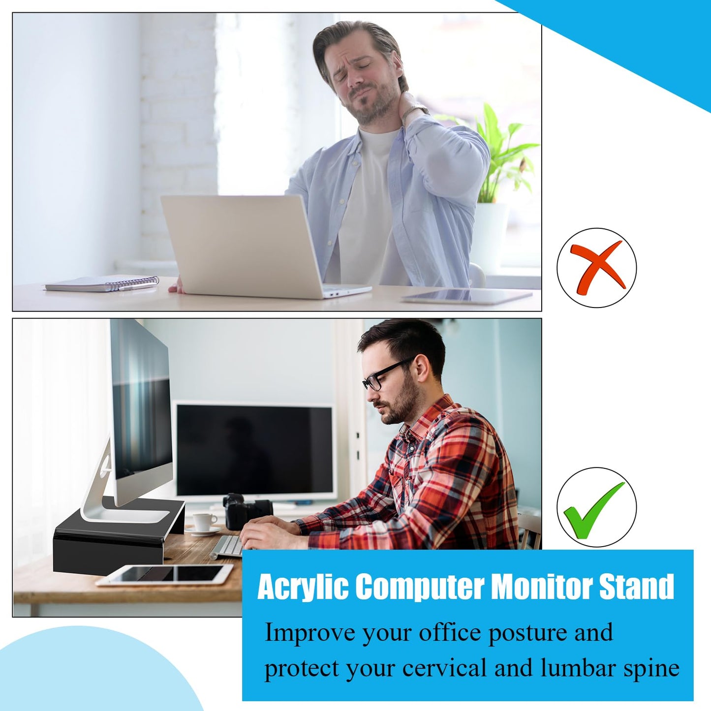 Jetec 2 Pcs Acrylic Monitor Stand Desktop Computer, Black, 16 x 8 x 3 Inch