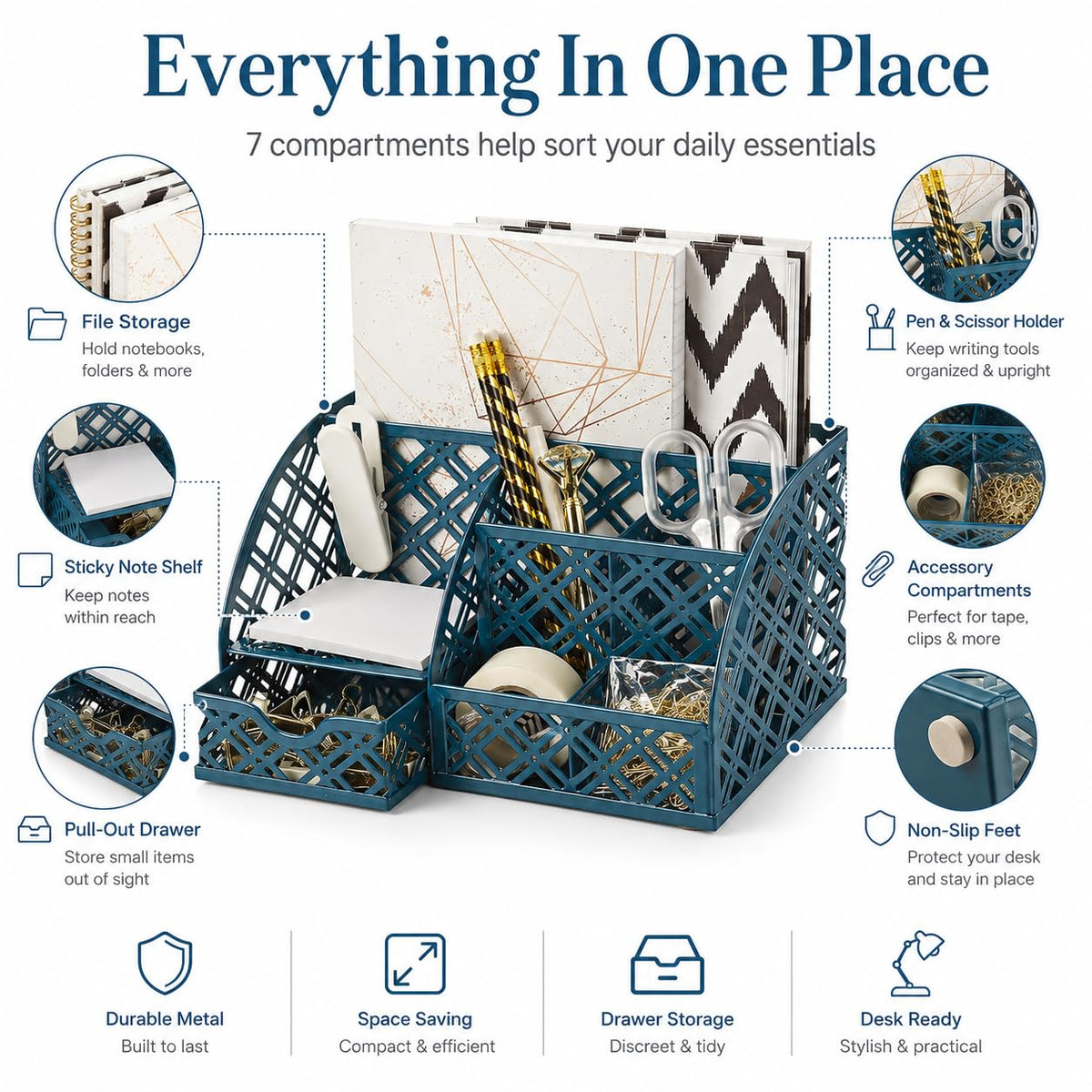 Exerz Desk Organizer Metal Mesh Caddy 7 Compartments Drawer Aegean Blue