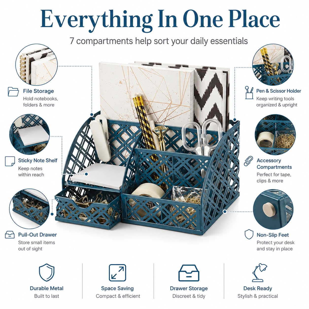 Exerz Desk Organizer Metal Mesh Caddy 7 Compartments Drawer Aegean Blue