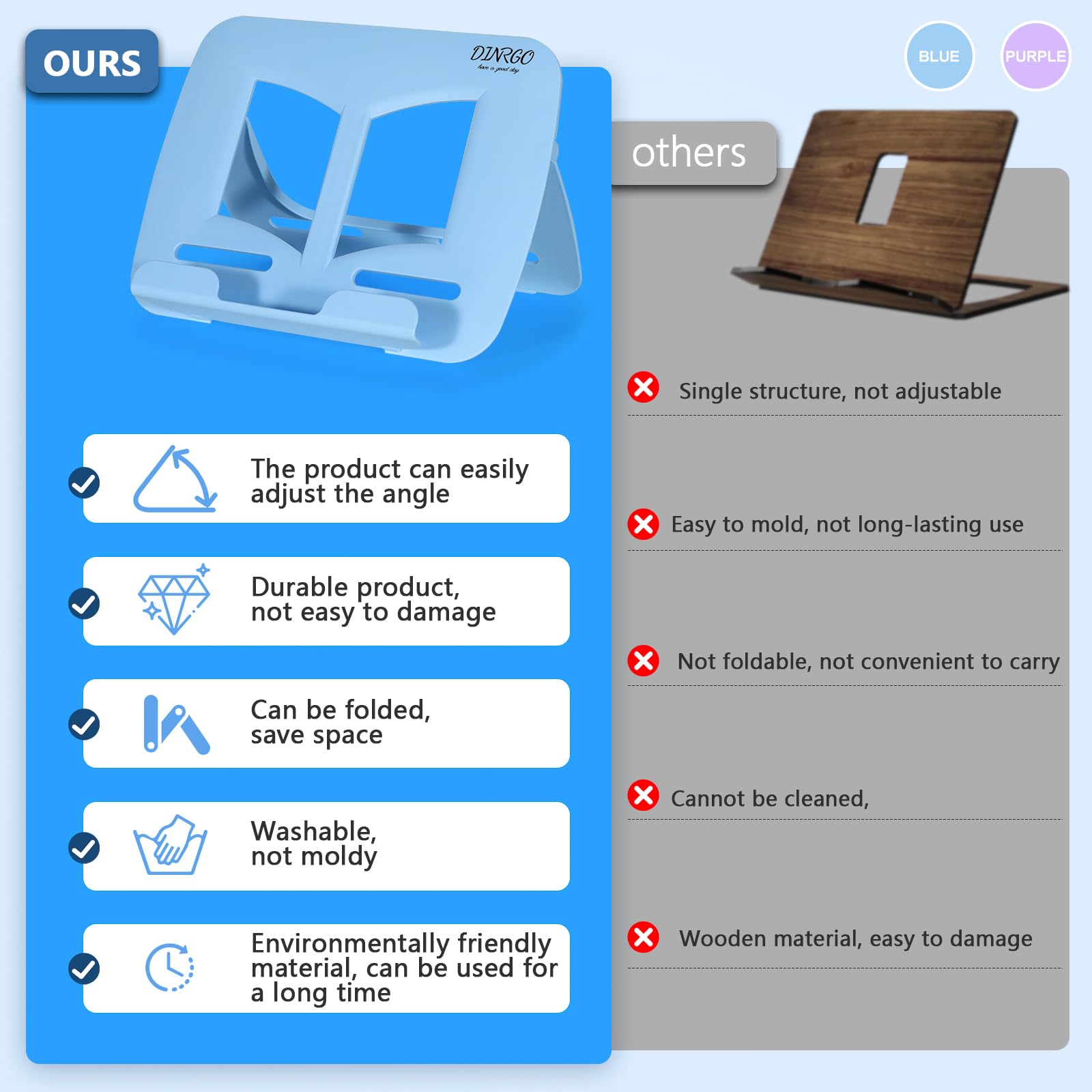 2Pack Book Stand - Waterproof Book Holder, Lightweight, Hands Free (Blue+Purple, 11.82" * 8.26")