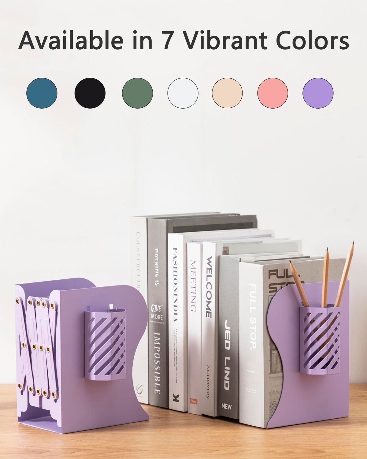Kingsmile Book Ends, Adjustable Heavy Duty Metal Book Stoppers with Pen Holder for Desk Office