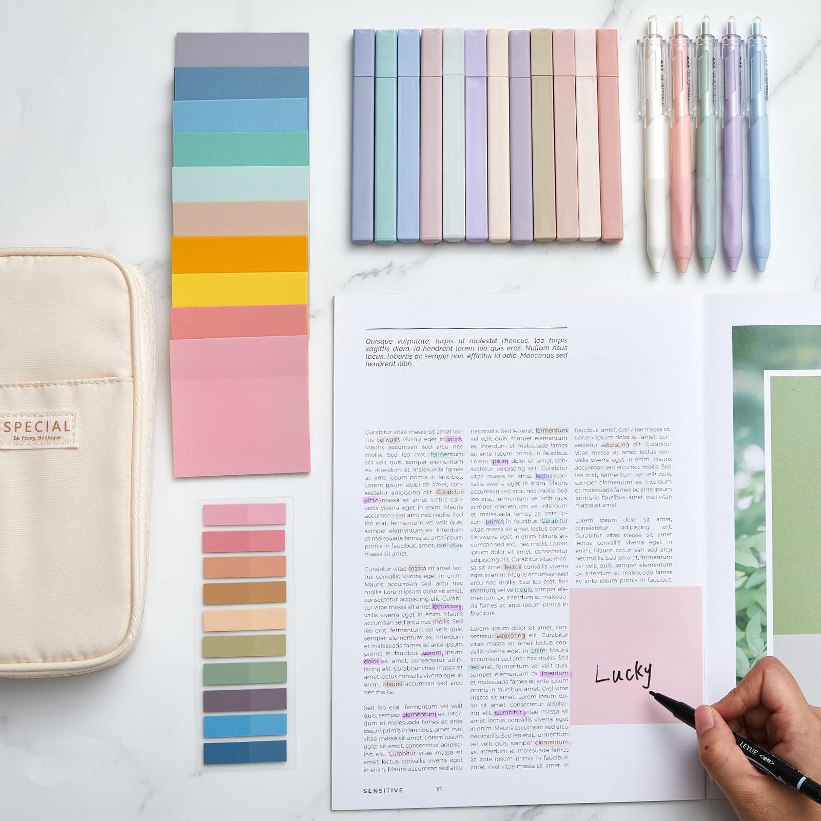 Jutom 39 Pcs Aesthetic Book Annotation Kit,Cream,Cute Style