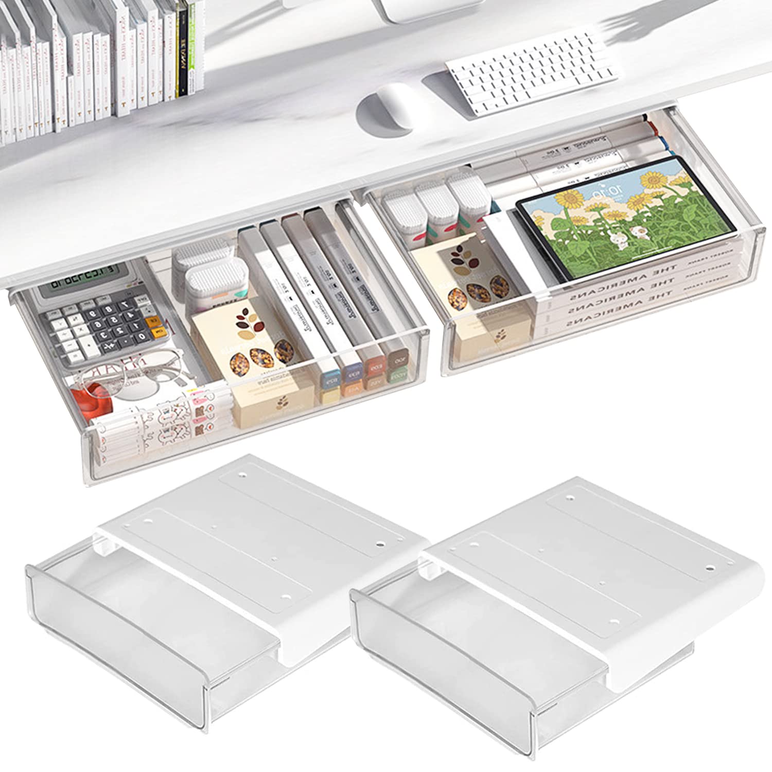 OSPNIEEK Self-adhesive Under Desk Drawer Organizer, 2 Pack Table Hidden Slide Out Large Storage