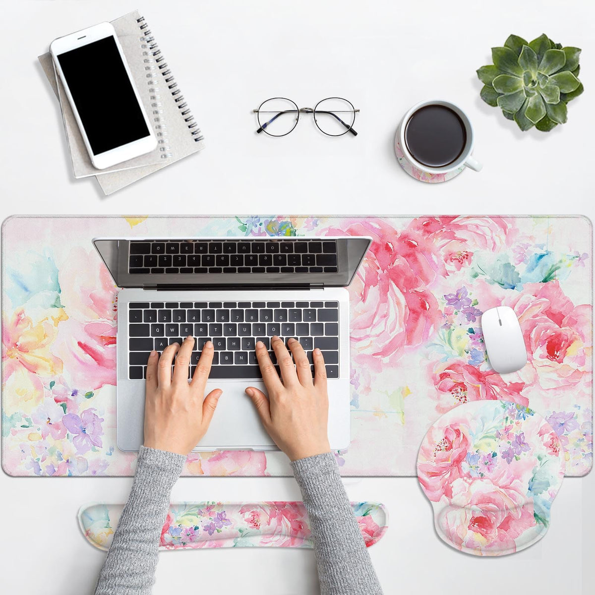 Arttown Keyboard Mouse Pad Set, 4 in 1 Desk Mat Set Watercolor Flower