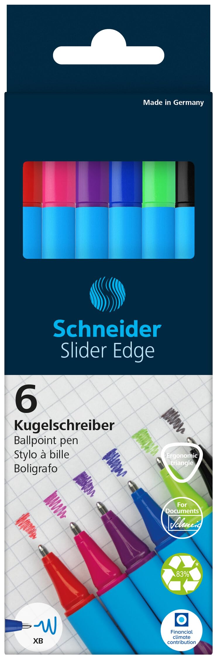 Schneider writing instruments ballpoint pen Slider Edge, cap model, XB, assorted, case of 6 colors