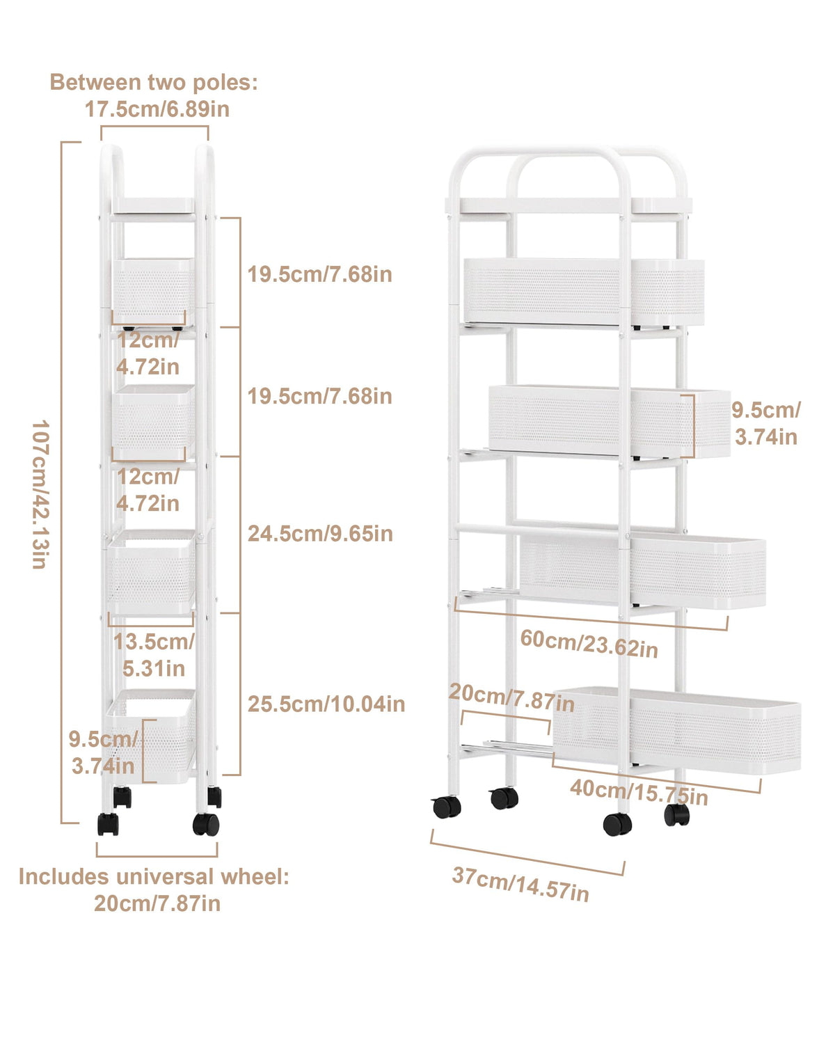 UMDONX 5-Tier Narrow Mobile Storage Cart with Pull-Out Baskets