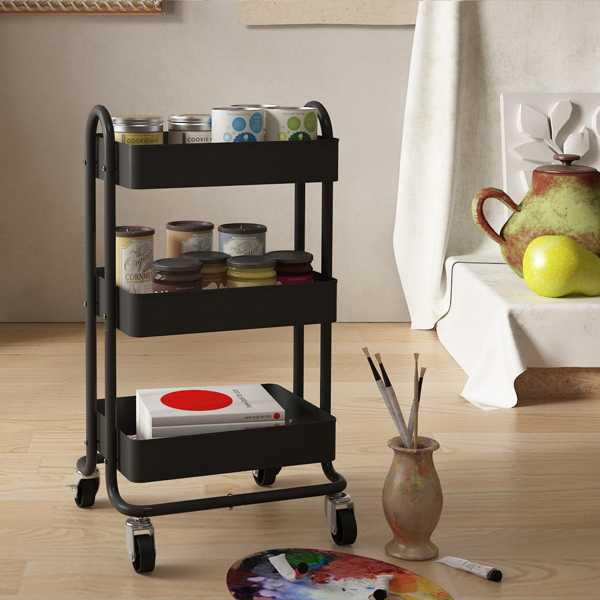 Elitehouse Metal Rolling Cart,3-Tier Metal Rolling Cart with Wheels,3 Tier Utility Cart with Wheels