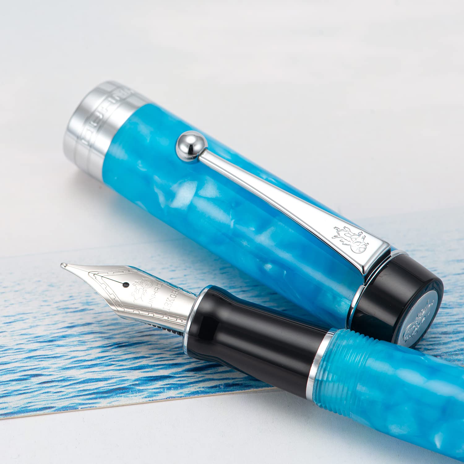 Jinhao 100 Classic Fountain Pen Bent Nib, Sky Blue Celluloid Fude Pen Calligraphy from Fine to