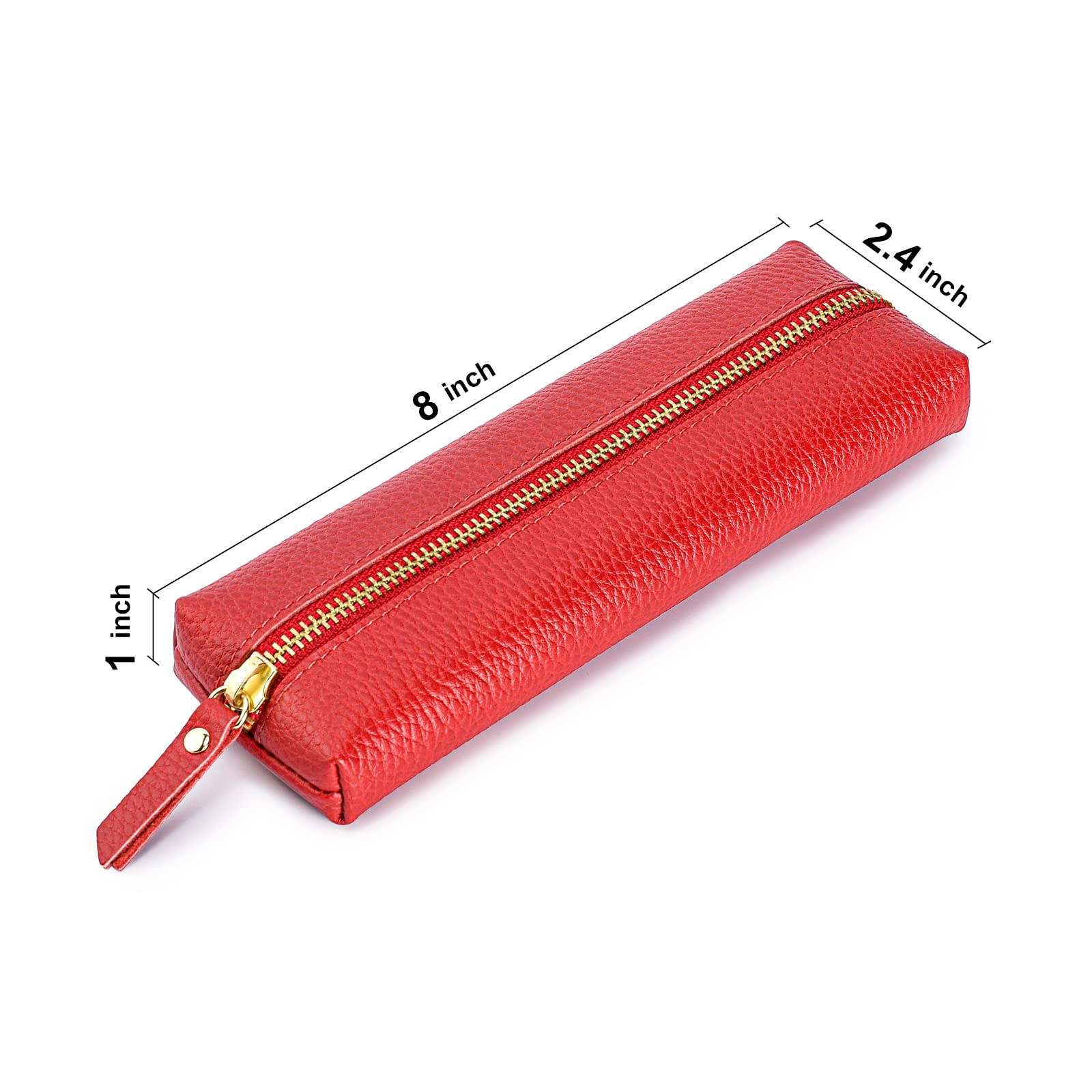 Sluxa Genuine leather pen case, Cowhide red pencil pouch with zipper, Soft pen bag for adults.