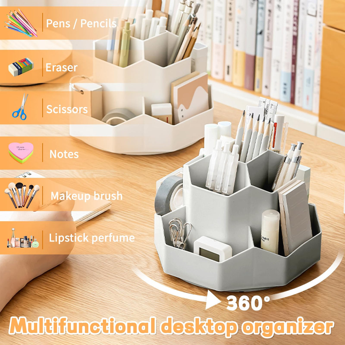 Cayxenful Pencil Pen Holder for Desk,9 Slots 360 Degree Rotating Desk Organizers,Desktop Storage