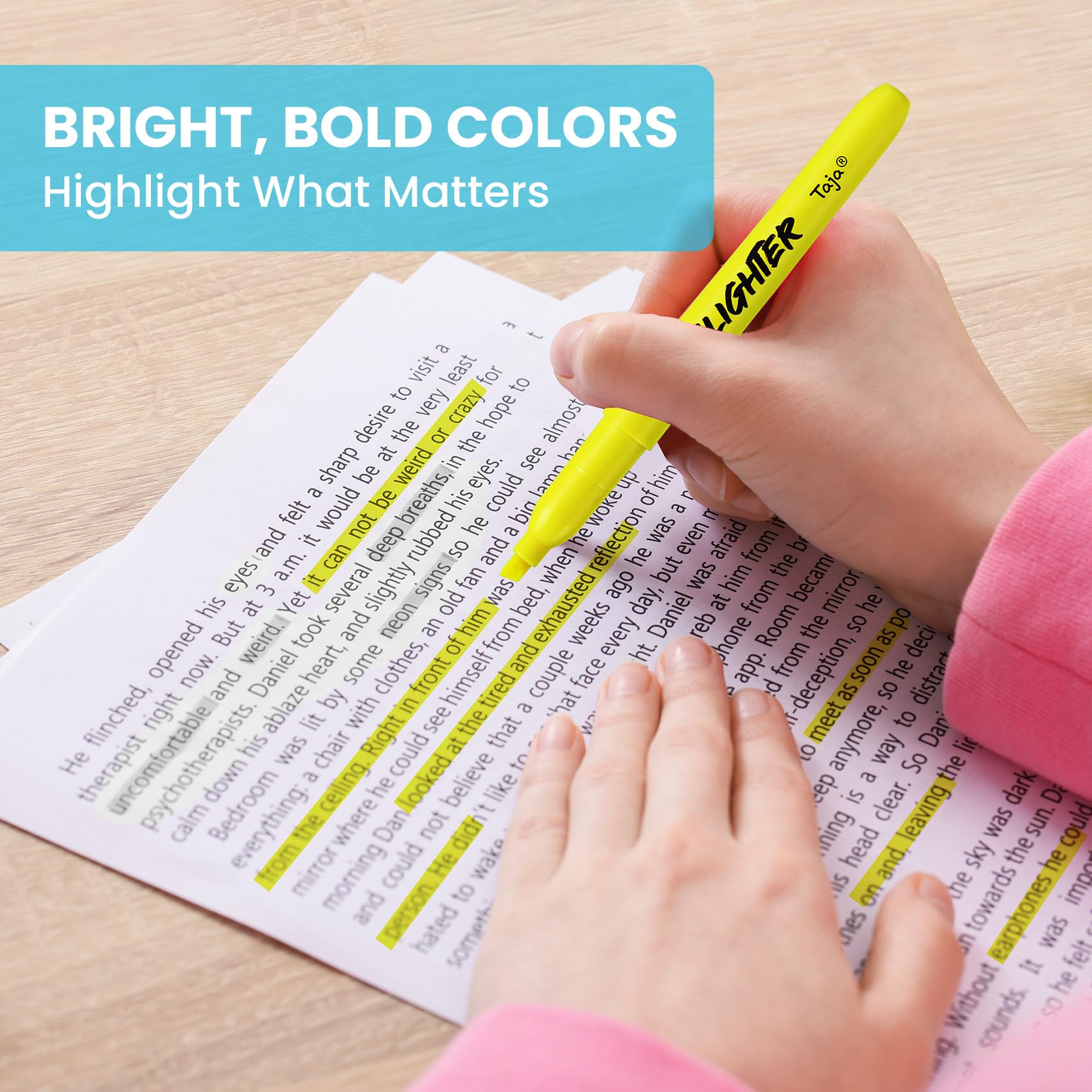 Taja 60 Pack Highlighters, Yellow, Chisel Tip with No Bleed Ink