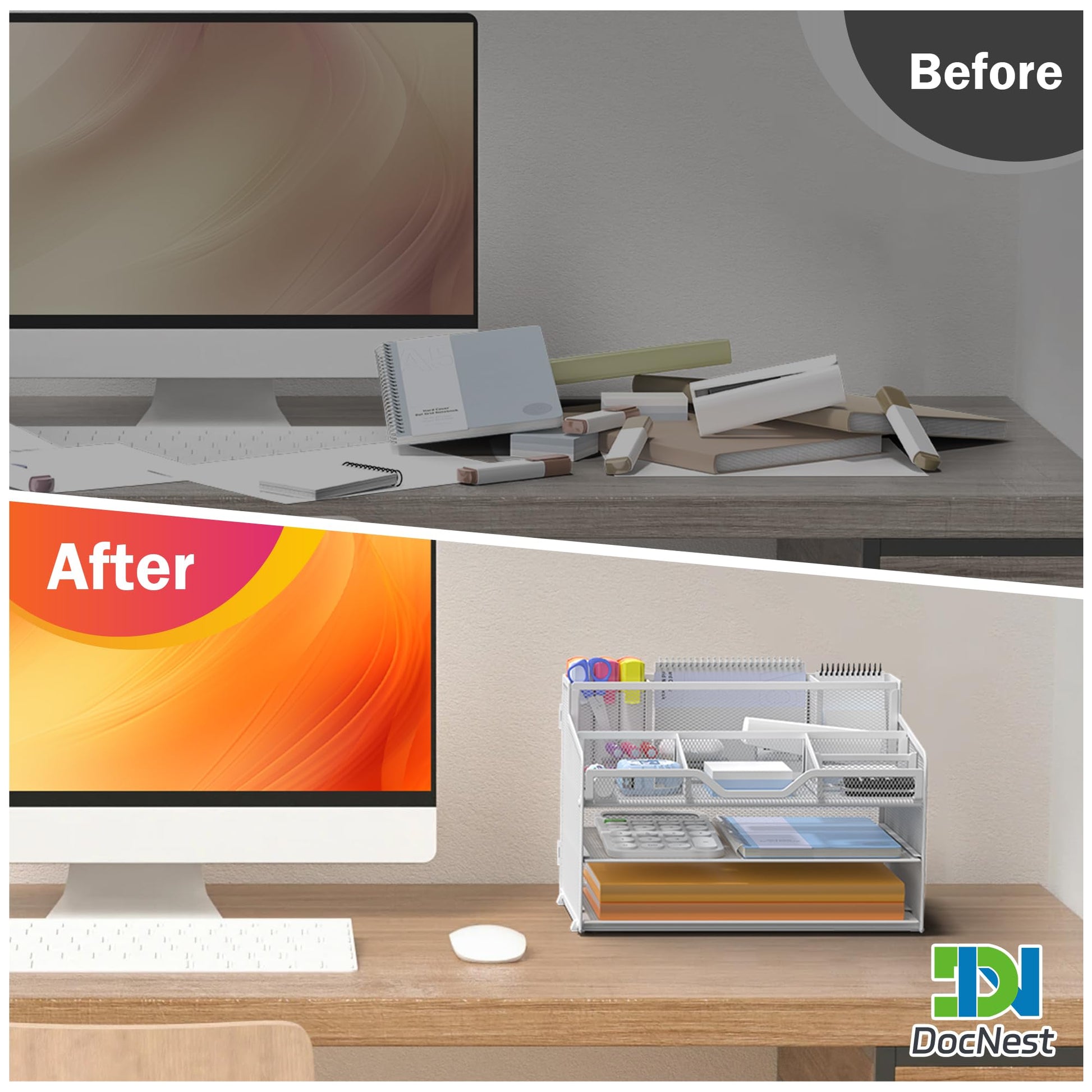 Docnest 3 Tier Mesh Desk Organizer with Letter Tray & Paper Sorter, White