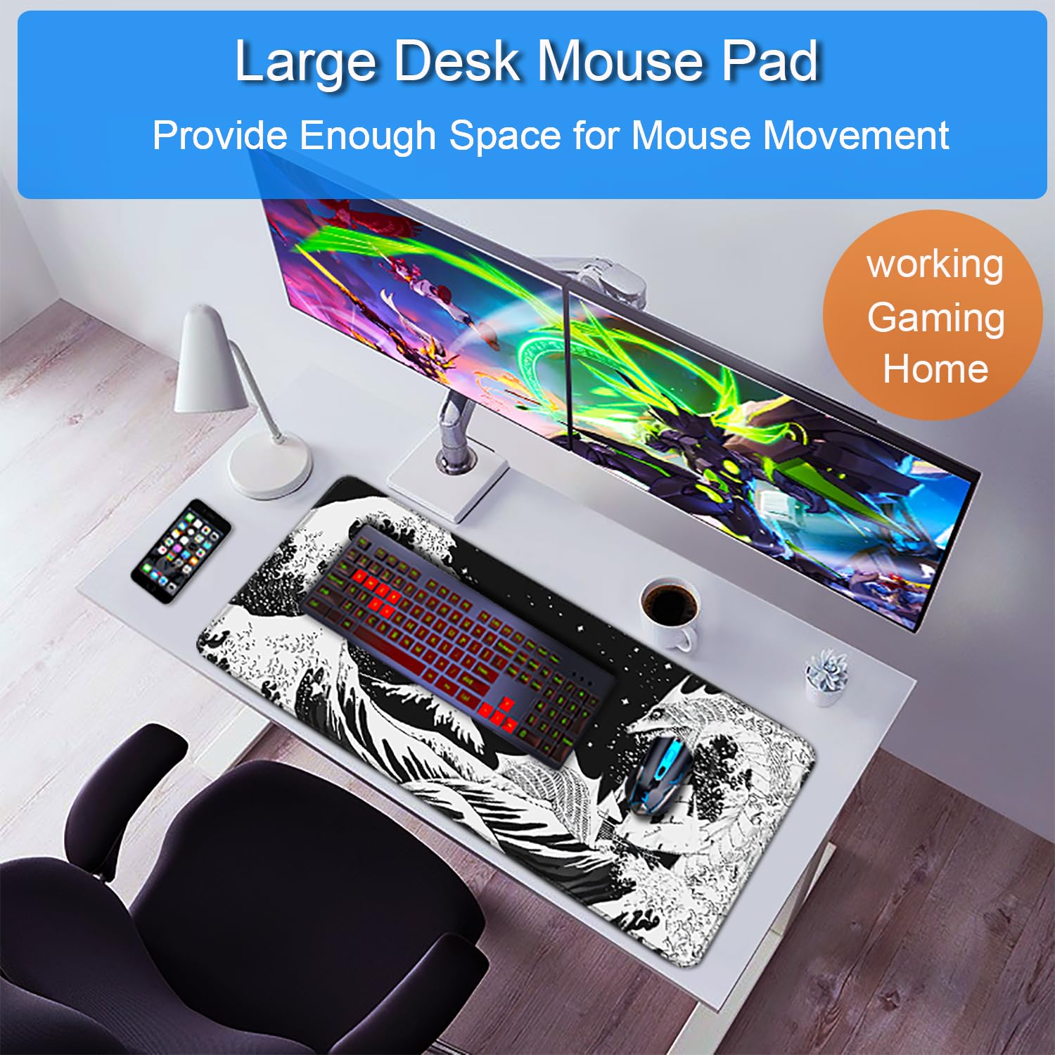 Gaming Mouse Pad, 31.5x15.7 inch Large Extended Computer Keyboard Mouse Mat, Water Resist Non-Slip