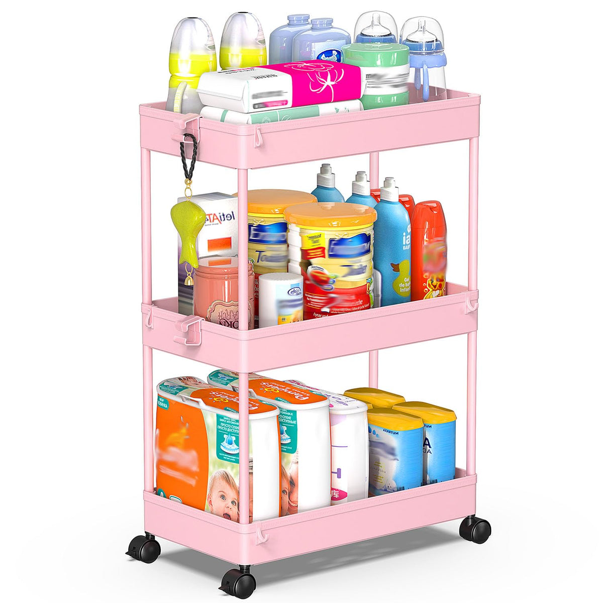 SPACEKEEPER 3 Tier Rolling Cart, Bathroom Cart Organizer with Wheels, Pink