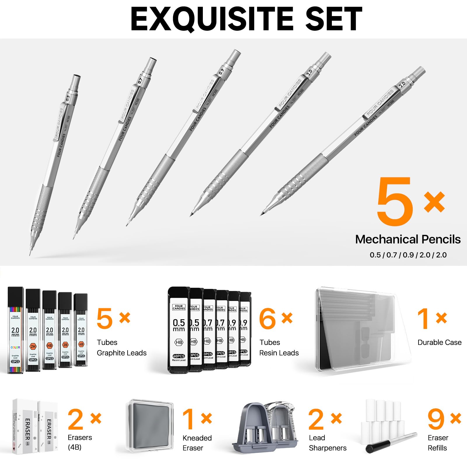 Four Candies Metal Mechanical Pencil Set, 3PCS Art Drafting Pencils 0.5, 0.7, 0.9MM & 2PCS 2MM