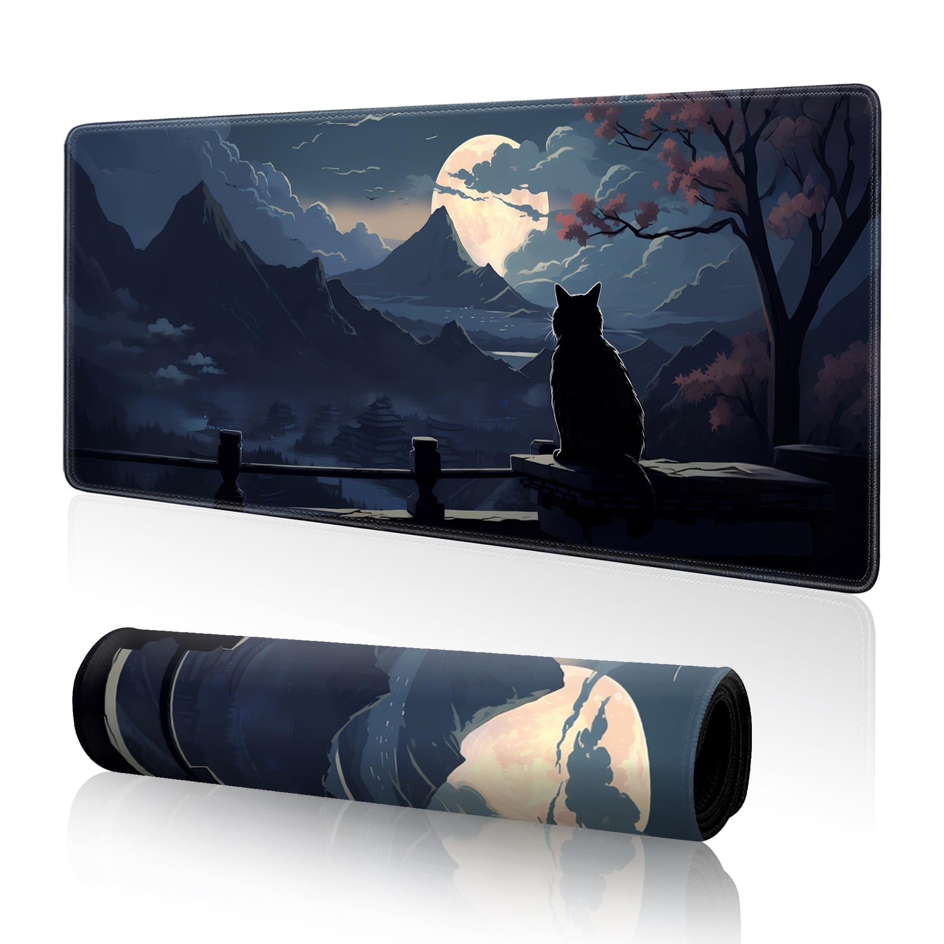 Moon Cat Large Gaming Mouse Pad,Black XL Mouse Pad Gaming 31.5 x 11.8 in Mouse Mat Desk Pad,Large