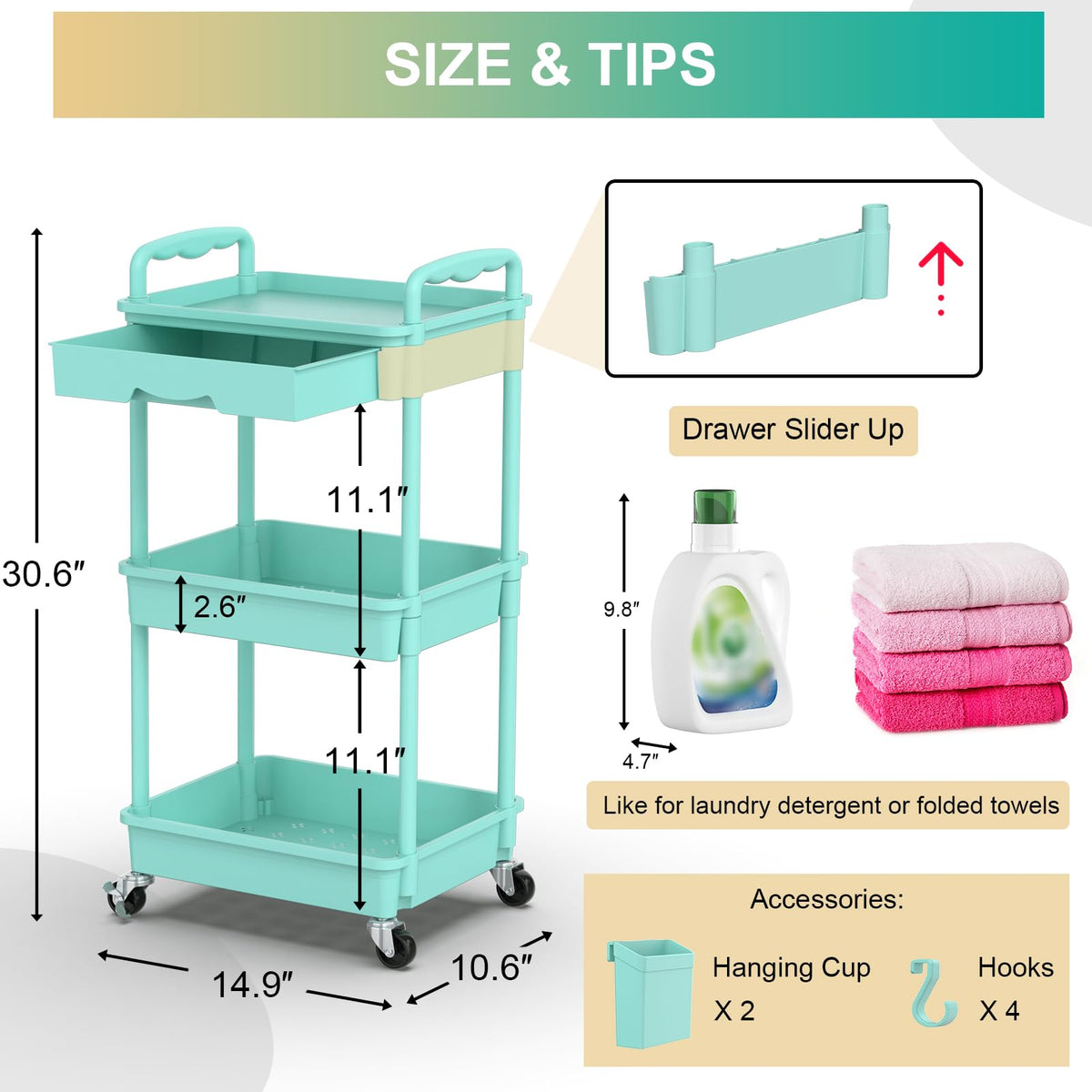 Goovilla 3 Tier Rolling Utility Cart Organizer with Removable Drawer, Blue