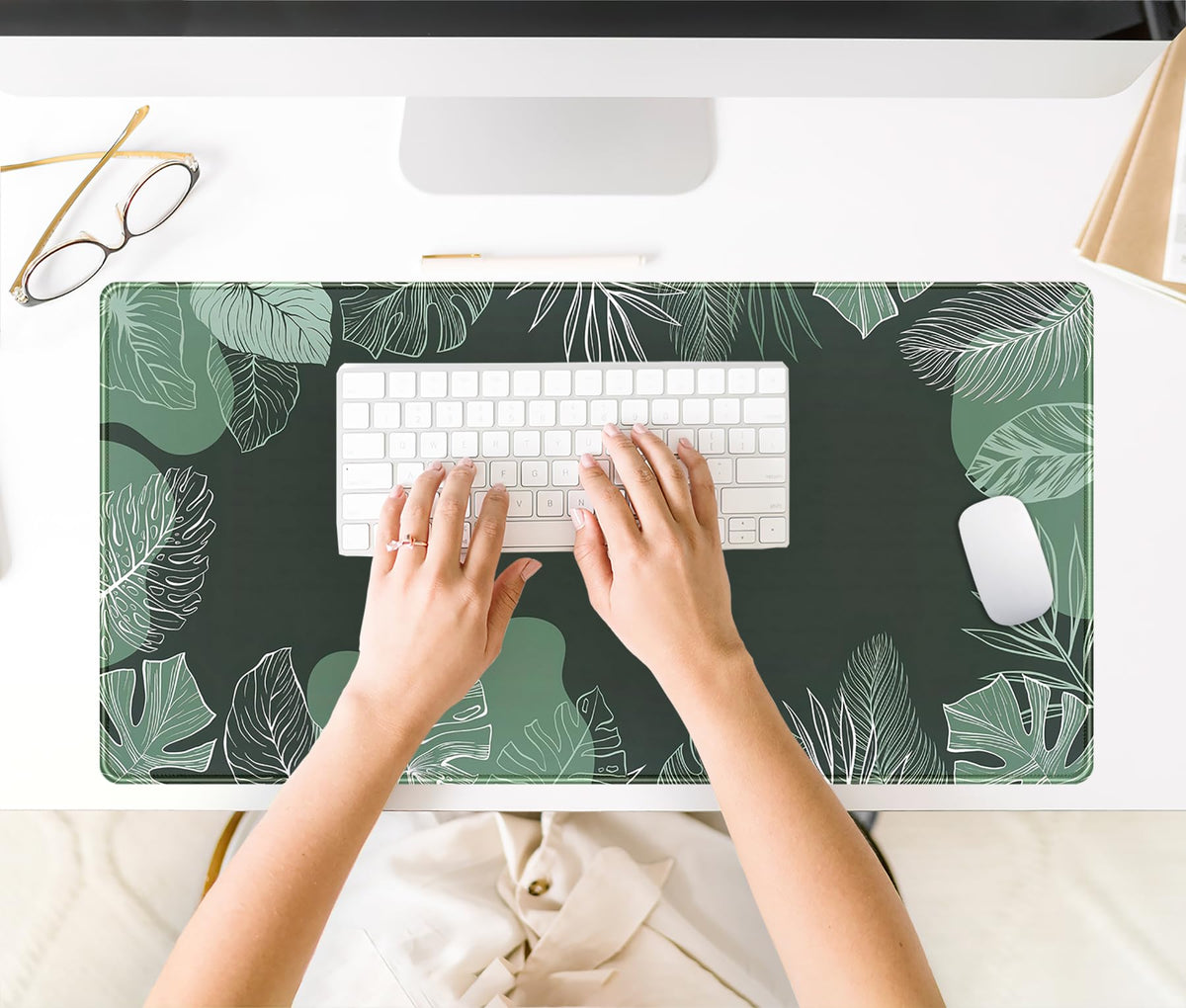 Green Plants Desk Mat Tropical Leaves Mouse Pad Cute, Large Extendded Gaming Deskmat, XXL Laptop