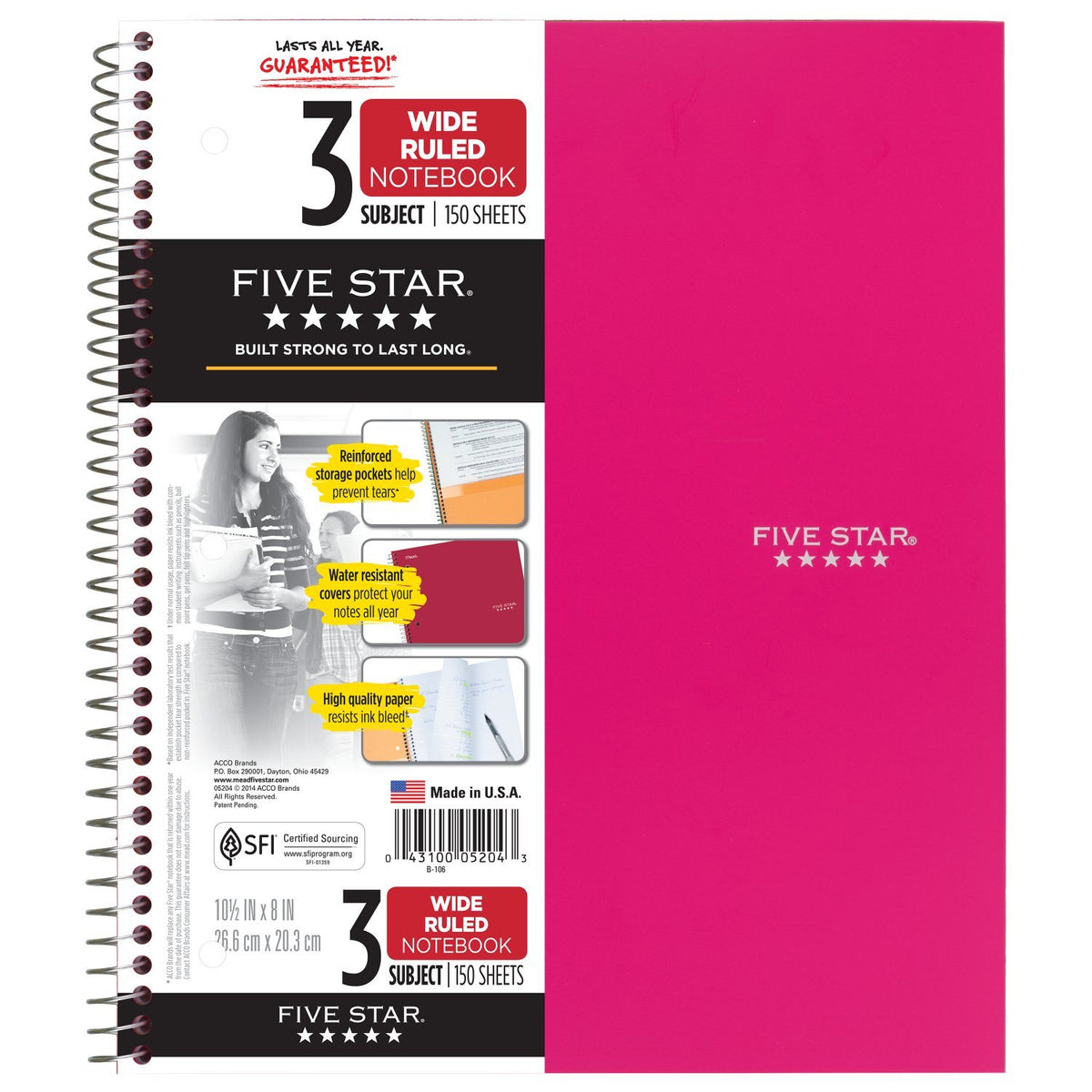 Five Star Spiral Notebook, 3 Subject, Wide Ruled Paper, 150 Sheets, 10-1/2" x 8" Sheet Size, Pink