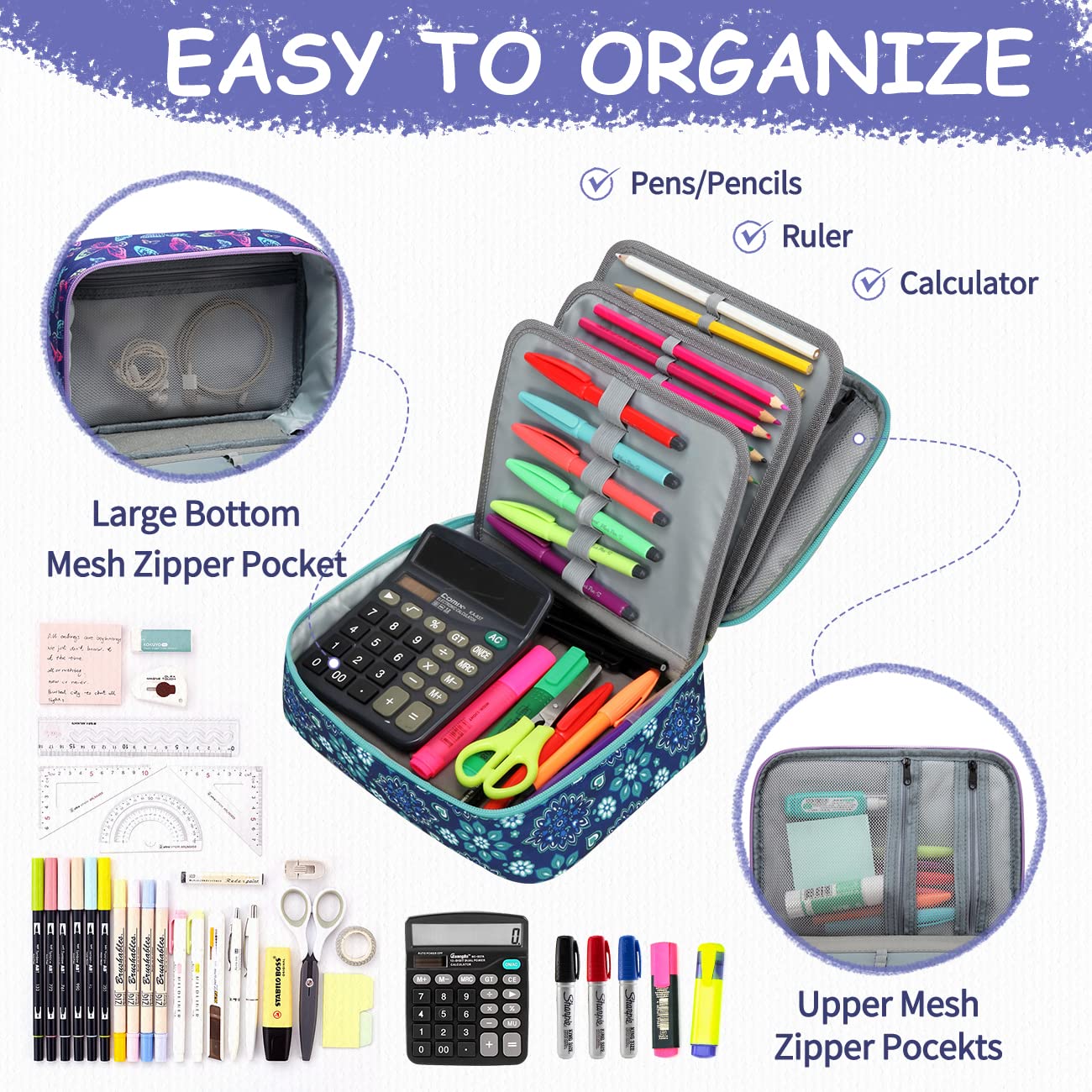 VASCHY Large Pencil Case Bag, Art Supply Marker Organizer Big Pen Pouch with 3 Detachable Layers
