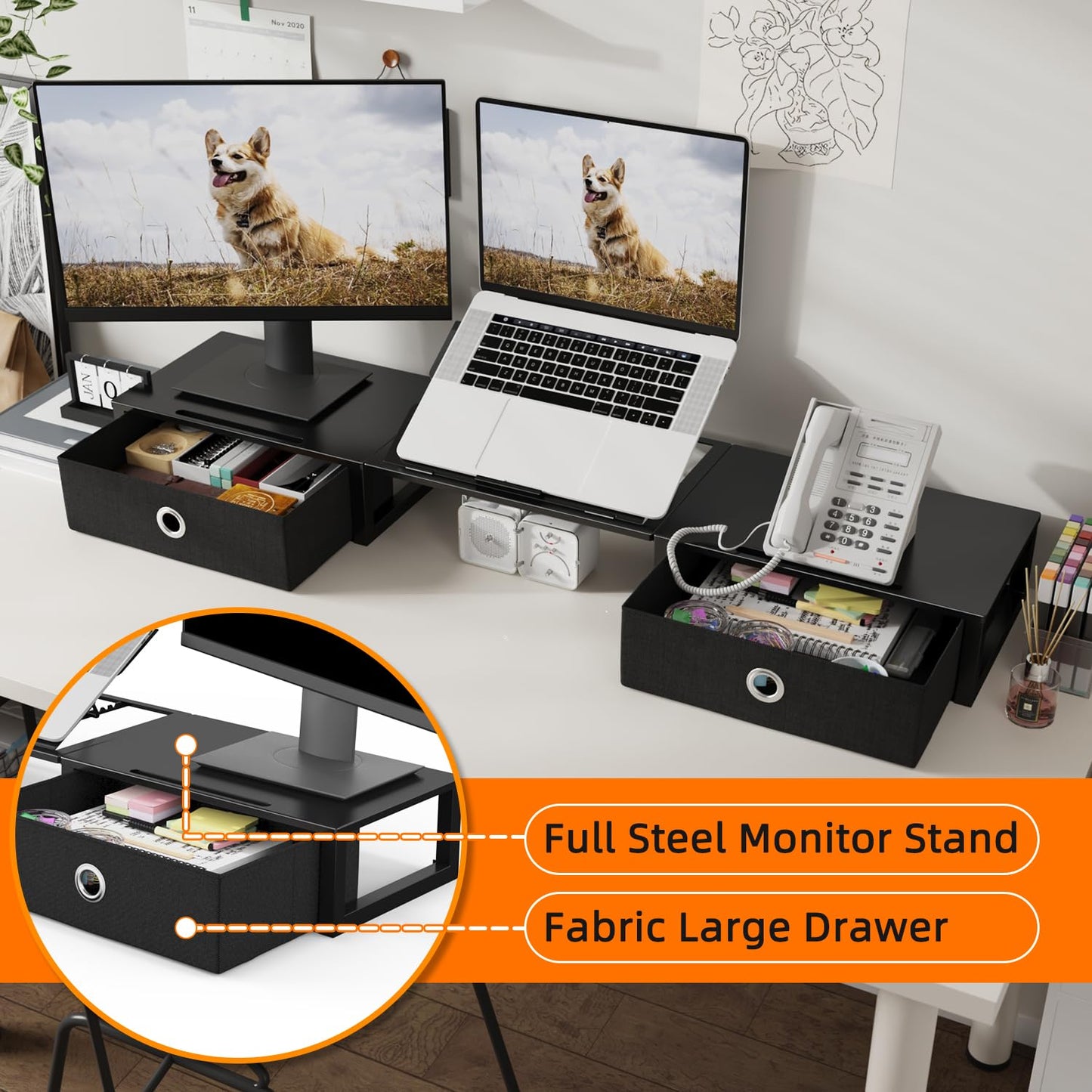 WESTREE Monitor Stand Riser with Adjustable Laptop Stand Riser, Steel Frame Dual Monitor Stand with