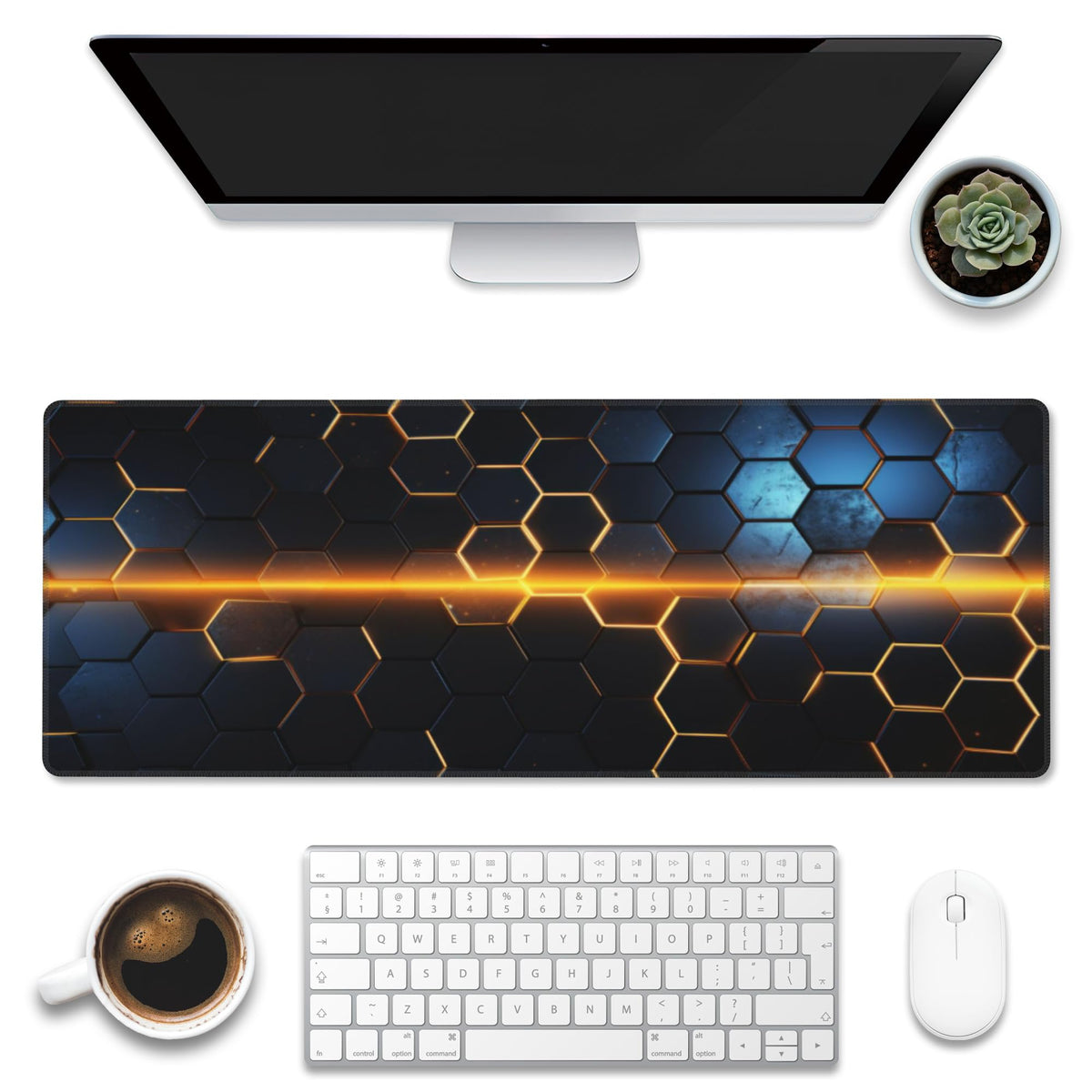 Eflxamz Large Gaming Mouse Pad for Desk,Golden Lines Honeycomb Technology Desk Mat,Honeycomb