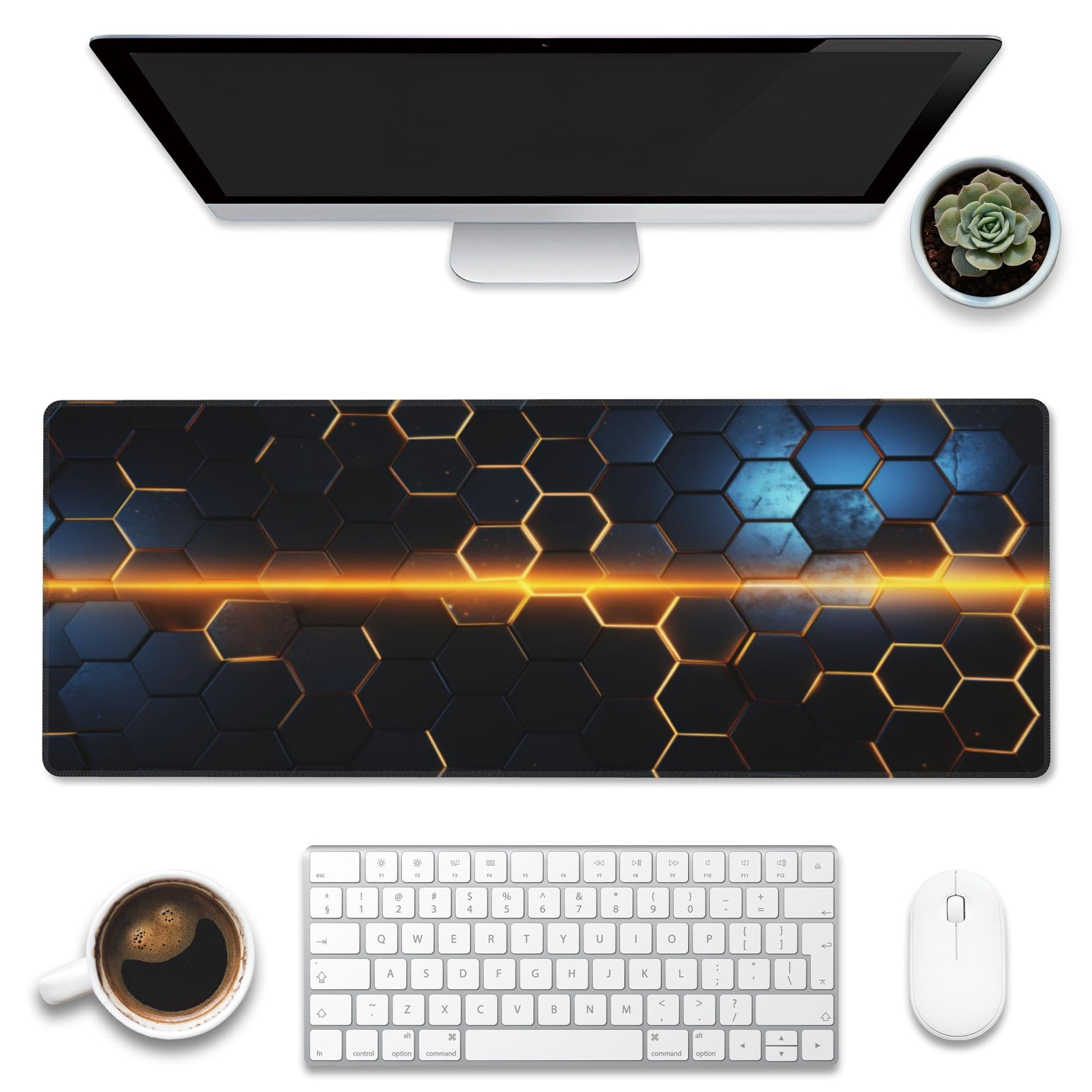 Eflxamz Large Gaming Mouse Pad for Desk,Golden Lines Honeycomb Technology Desk Mat,Honeycomb
