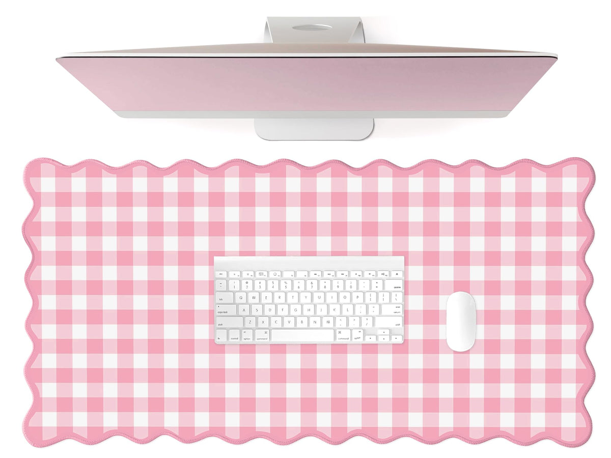 Scalloped‌ Pink Checkered Gingham Desk Mat Cute Pastel Large Mouse Pad Kawaii Cottagecore ‌Vintage‌