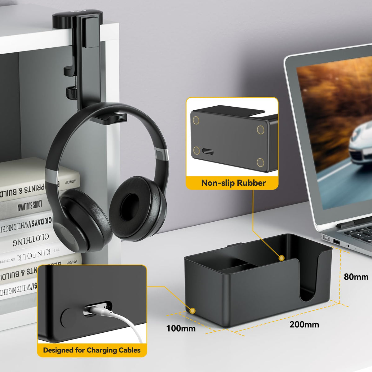 KDD 4 in 1 Desk Cup Holder - Clamp on Under Desk Headphone Hanger - Rotating Headphone Holder