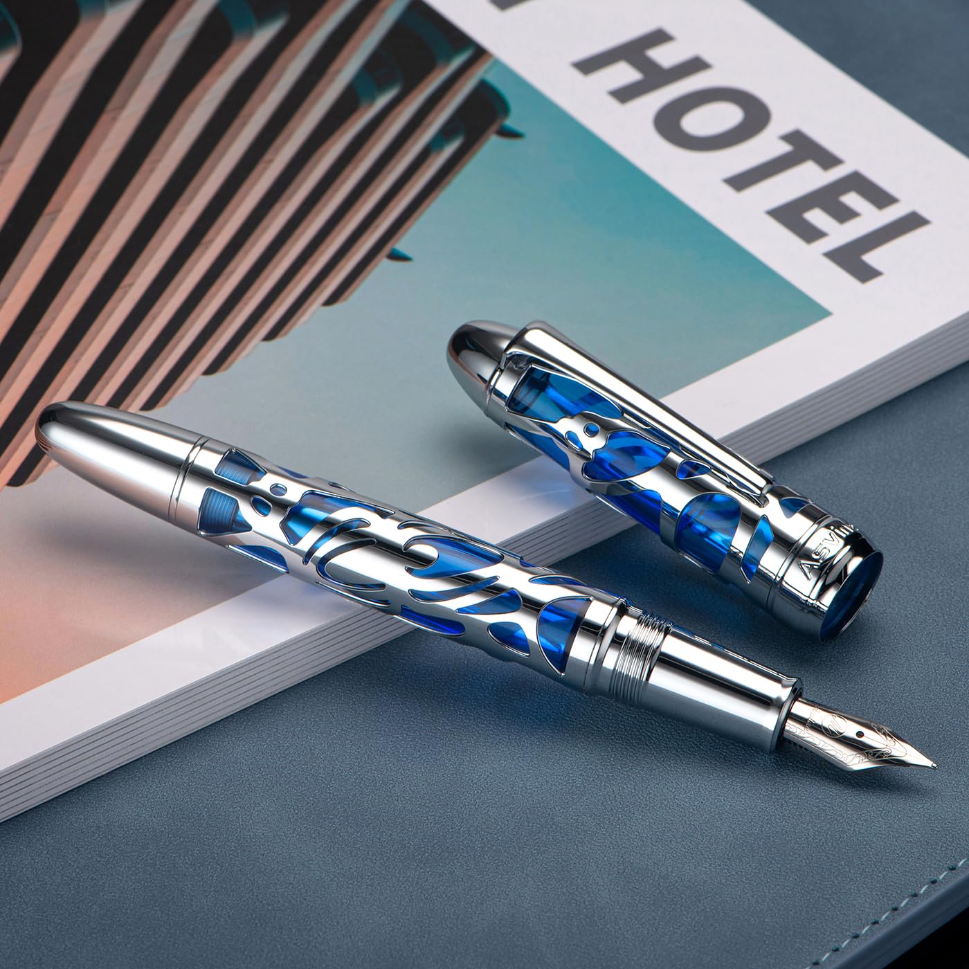 Asvine P80 Piston Filling Fountain Pen Extra Fine Nib, Spider Skeleton Transparent Blue Acrylic Pen