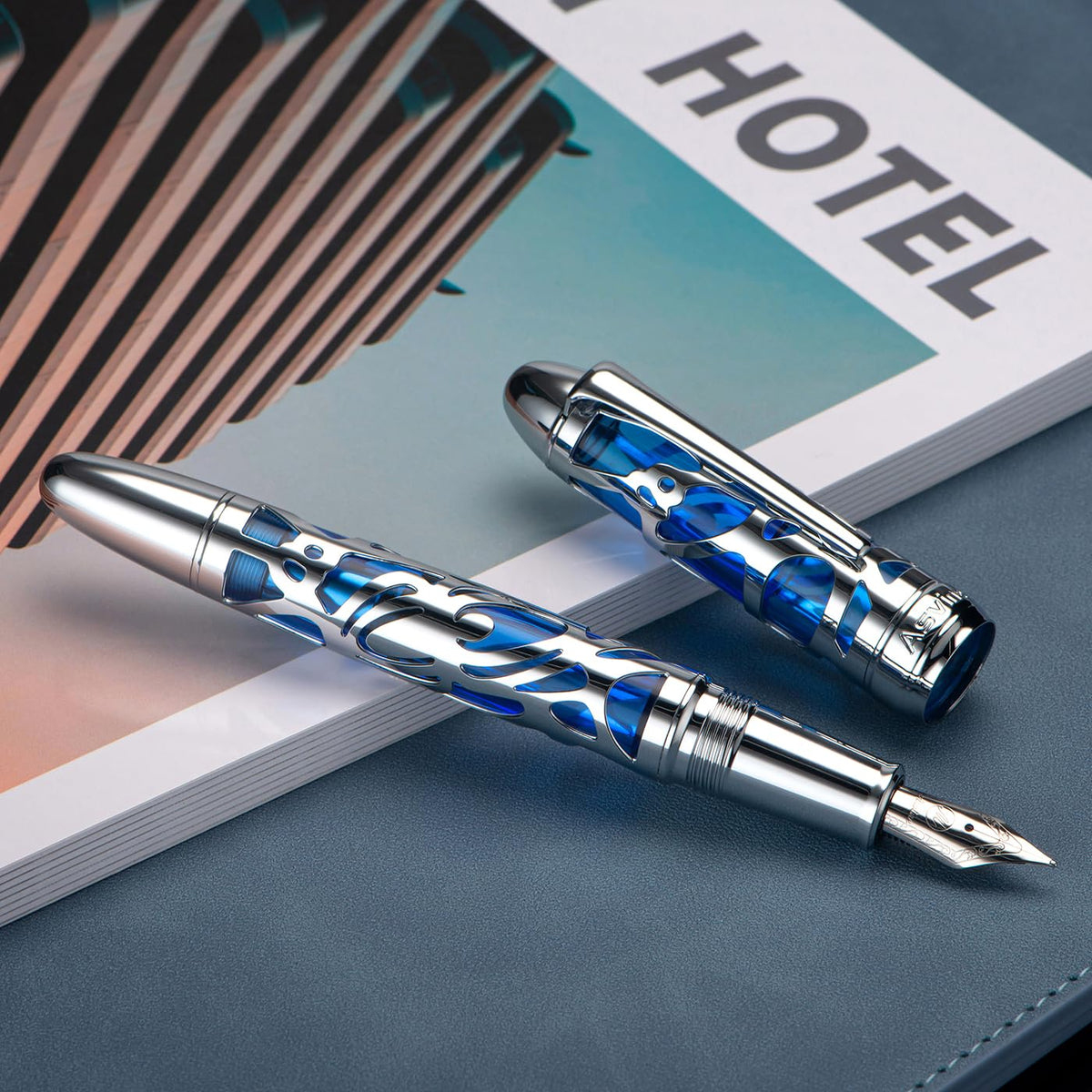 Asvine P80 Piston Filling Fountain Pen Fine Nib, Spider Skeleton Transparent Blue Acrylic Pen Case